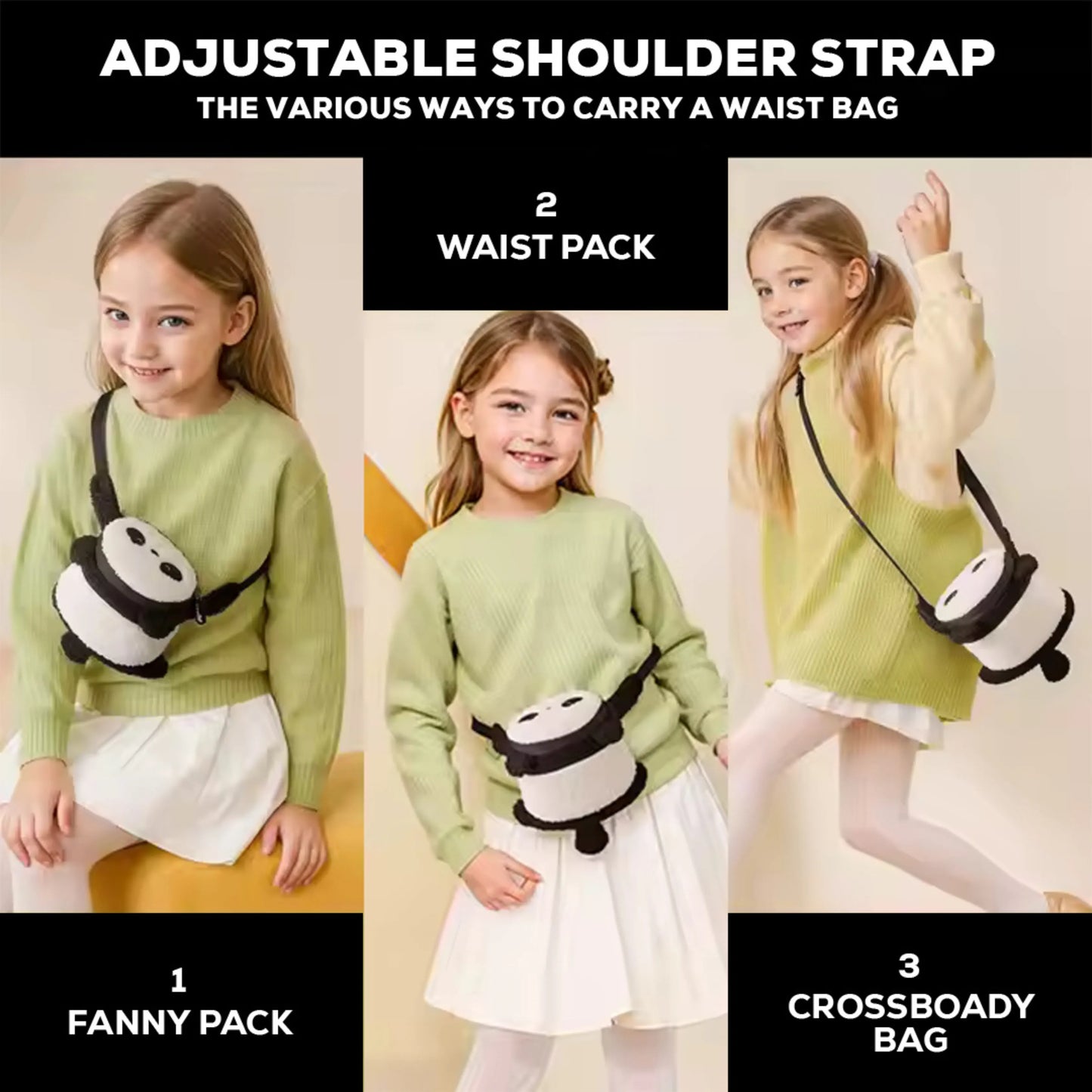 Premium black sling bag for kids – cute panda face and adjustable strap