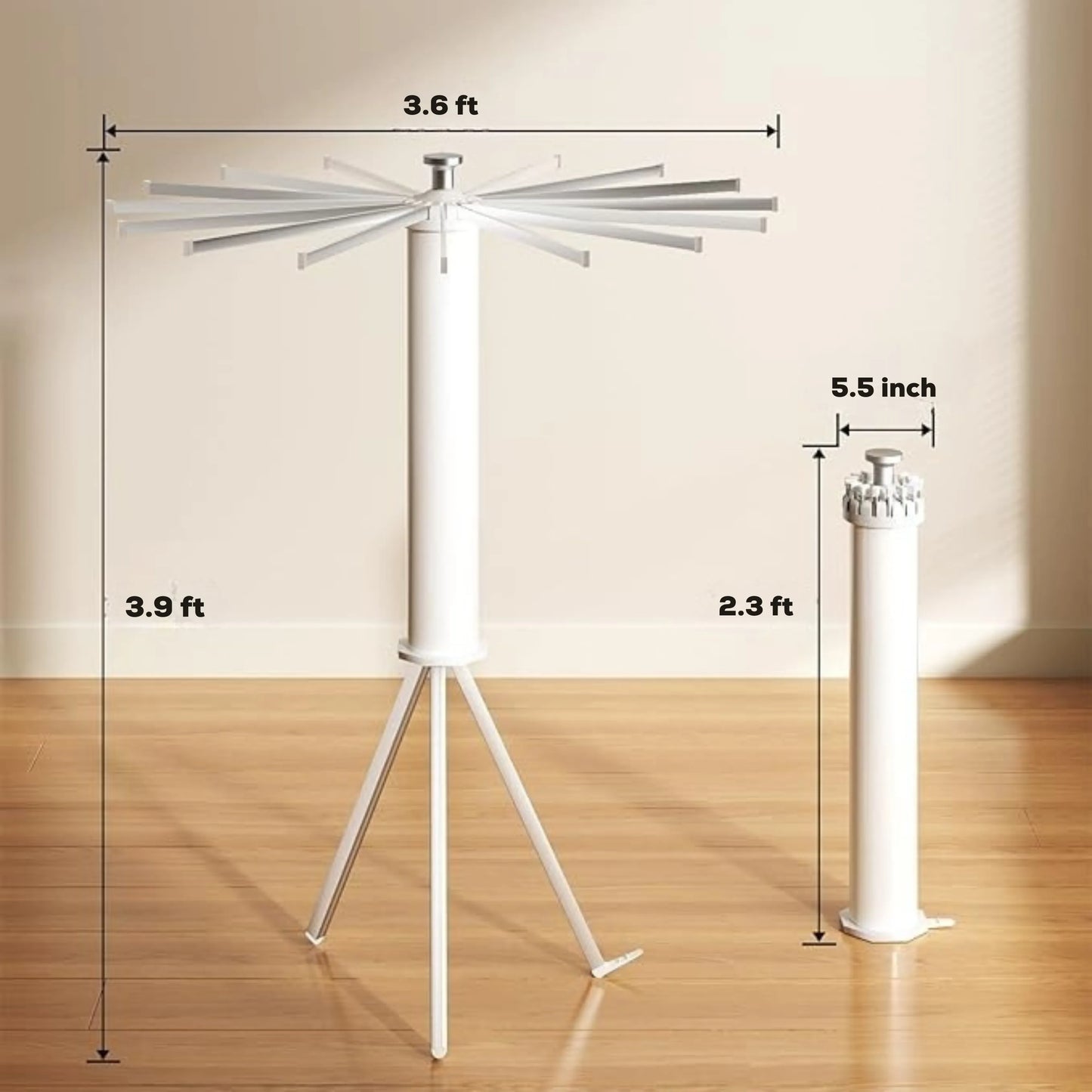 Dimensions of 360° rotating stainless steel clothes drying rack with foldable arms