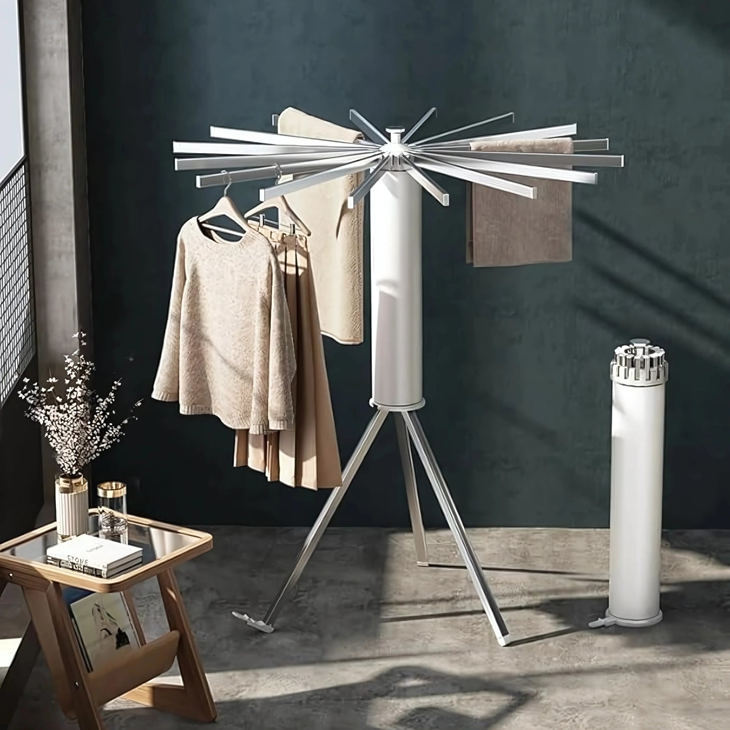 360° rotating stainless steel clothes drying rack with foldable arms