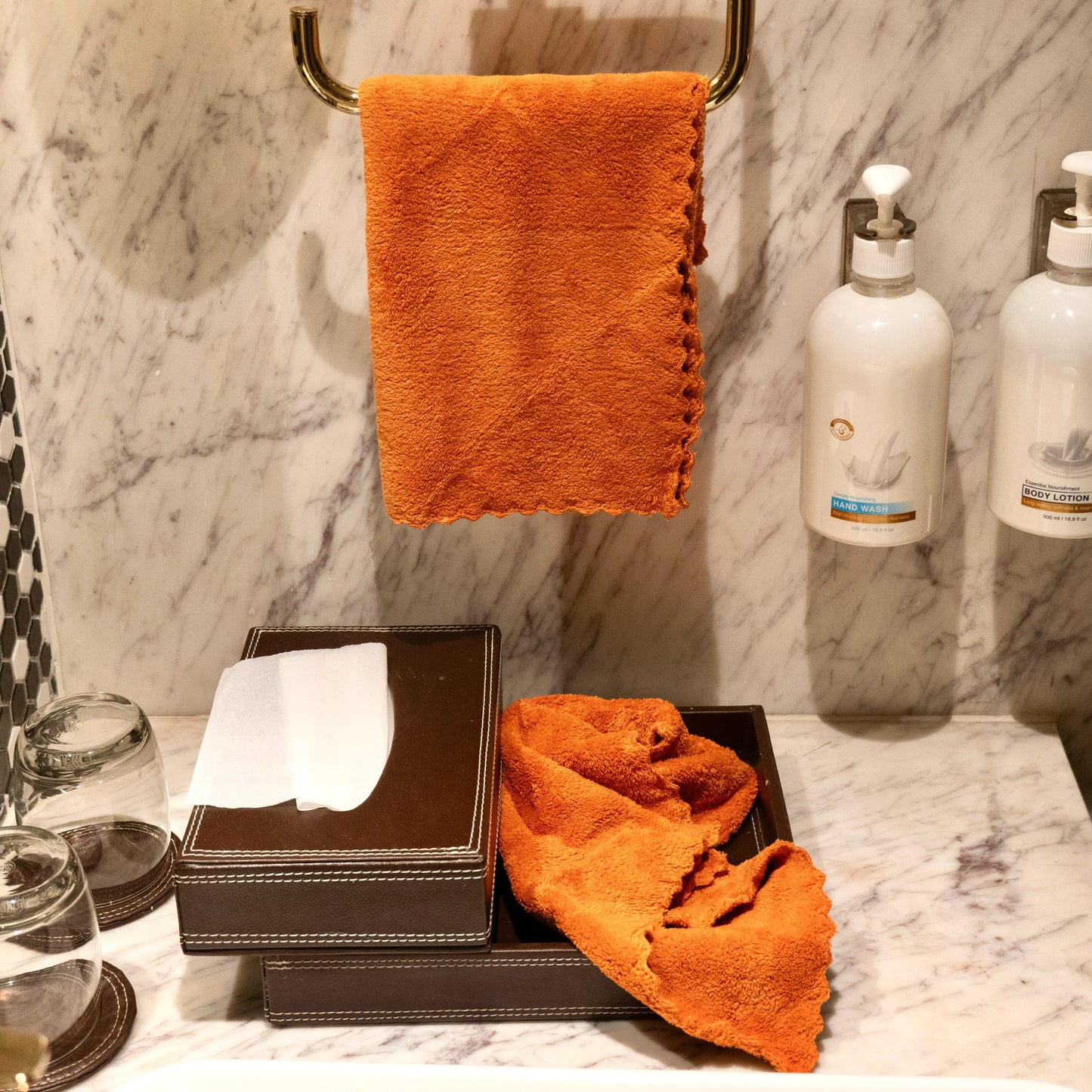 Orange Soft Craze towel set showcasing different sizes for versatile use