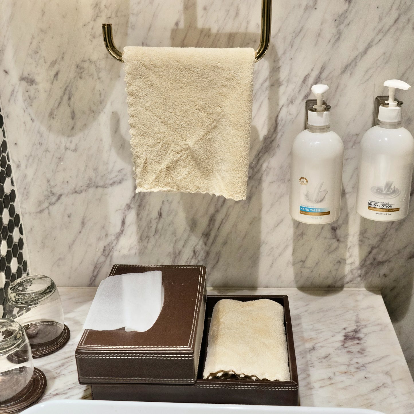 Light cream Soft Craze towel set arranged in a stack showing size variation
