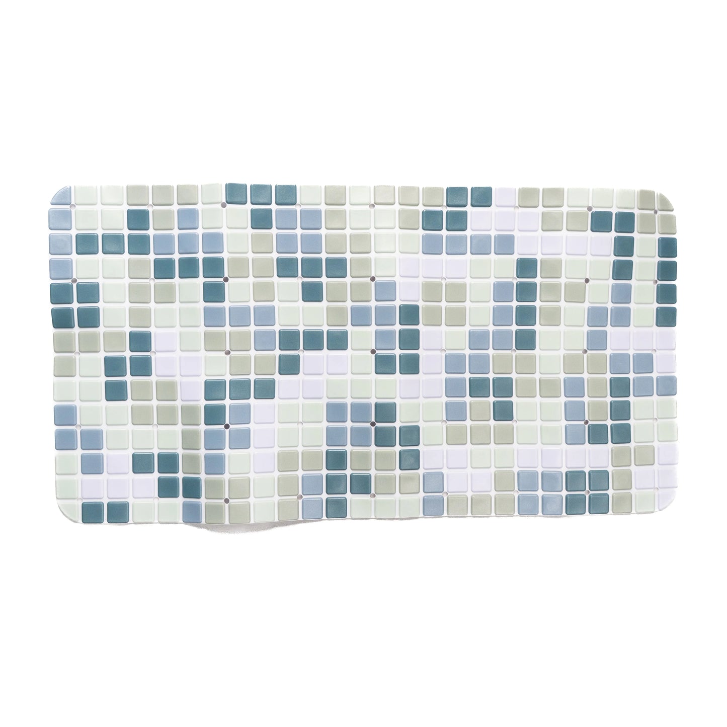 Blue-green bathroom mat on flat surface, front view.