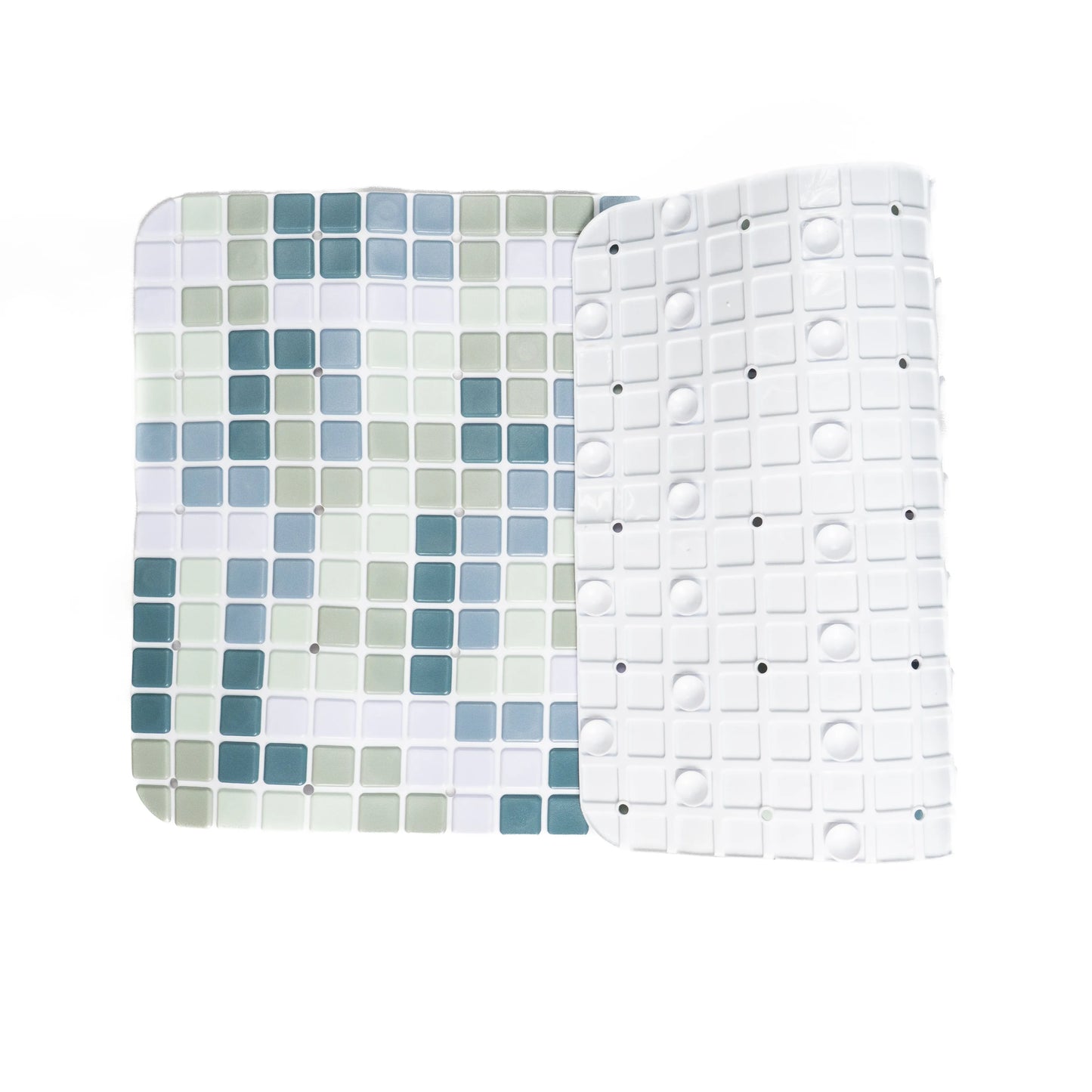 Blue-green bathroom mat slightly folded, showing back side.