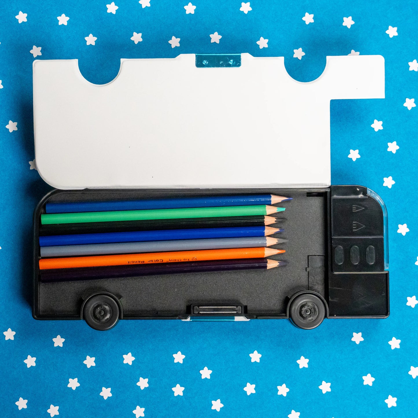 Black Bus Pencil Box with pencils