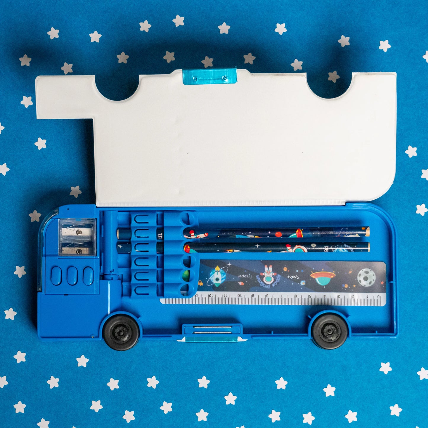 Blue Button-Operated Fancy Pencil Box – Zoom Bus Theme for Kids