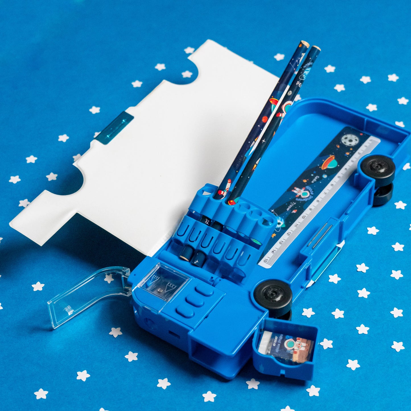 Blue Cool Zoom Bus Style Stationery Pencil Box for School Supplies