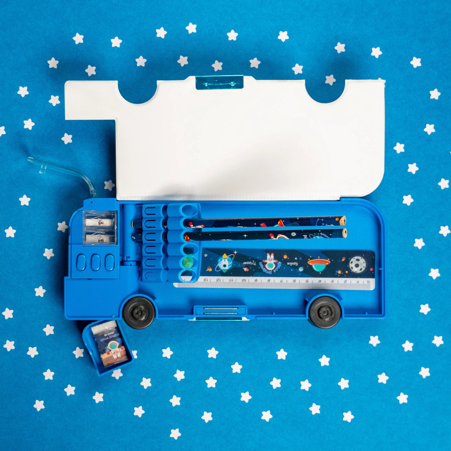 Blue Bus Pencil Box Top View