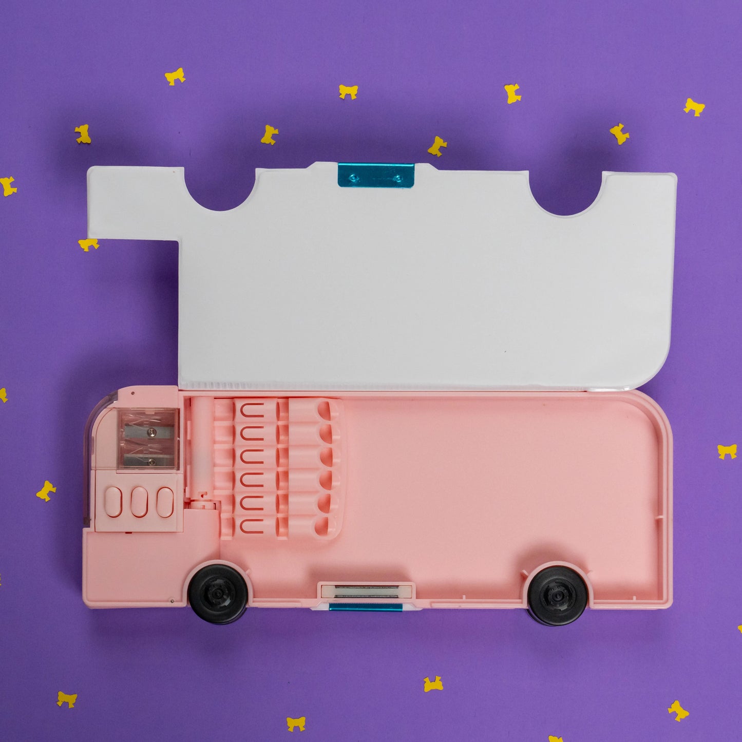 Pink bus pencil box open
