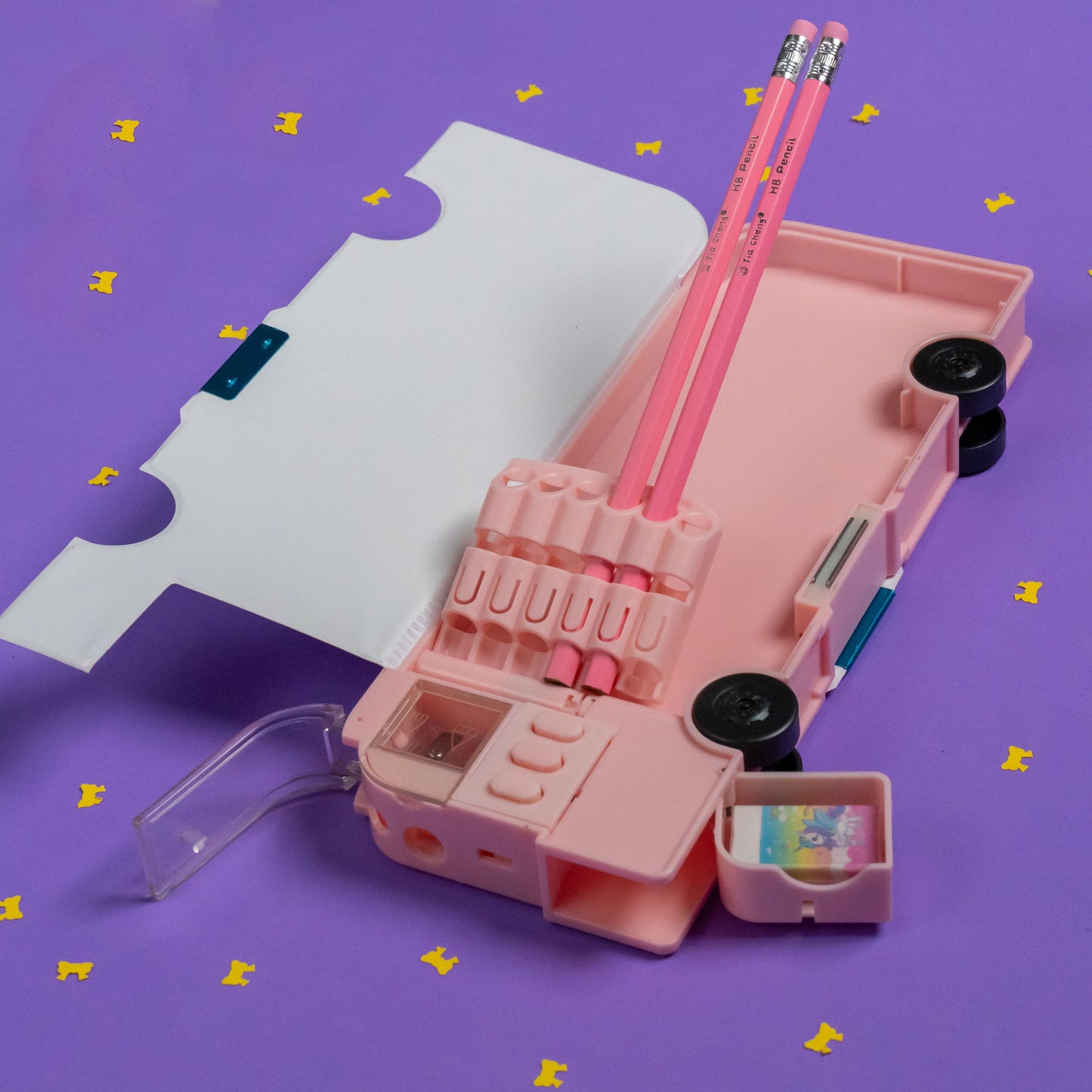 Pink bus pencil box with pencil