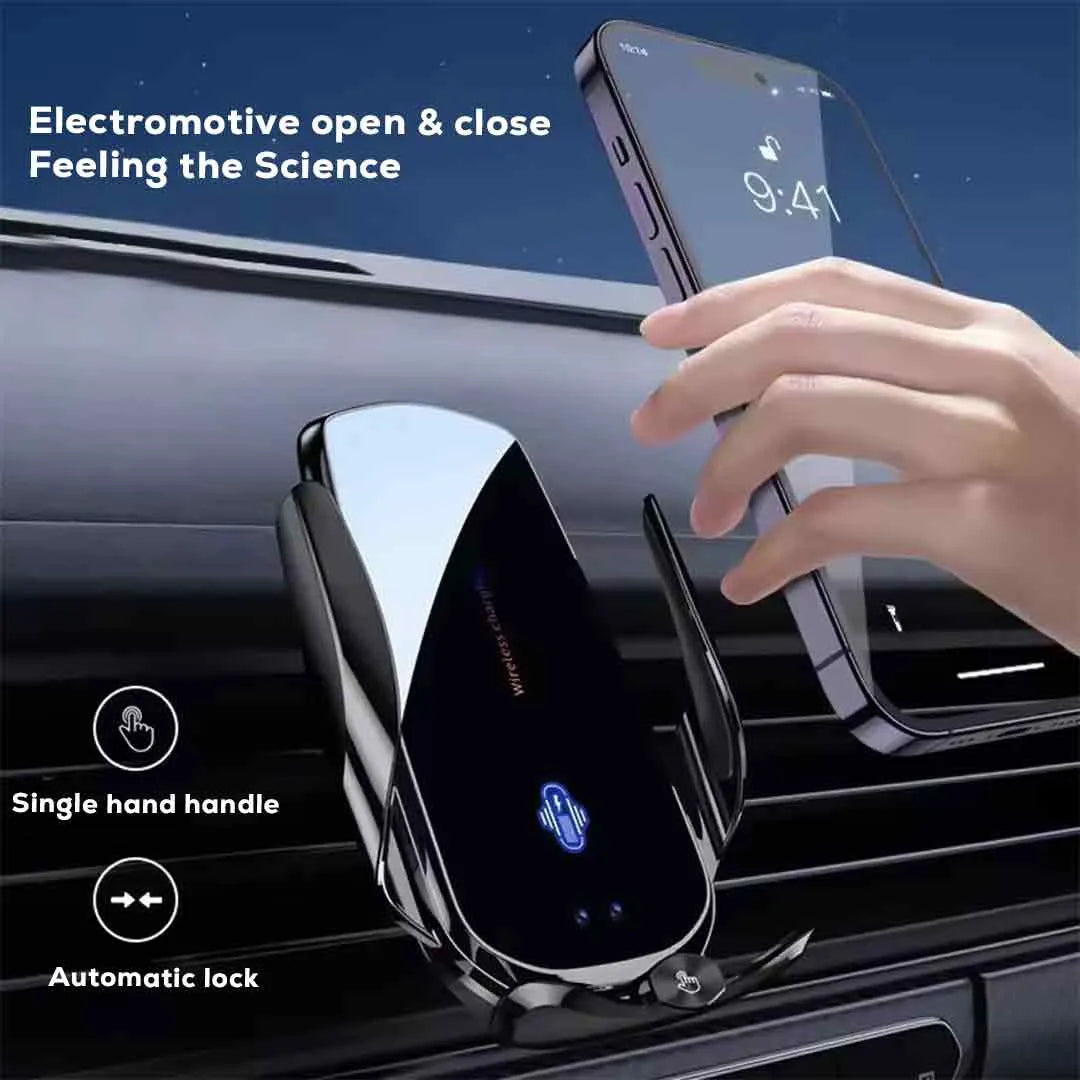 Smart sensor car charger securely holding a smartphone while wirelessly charging in a vehicle