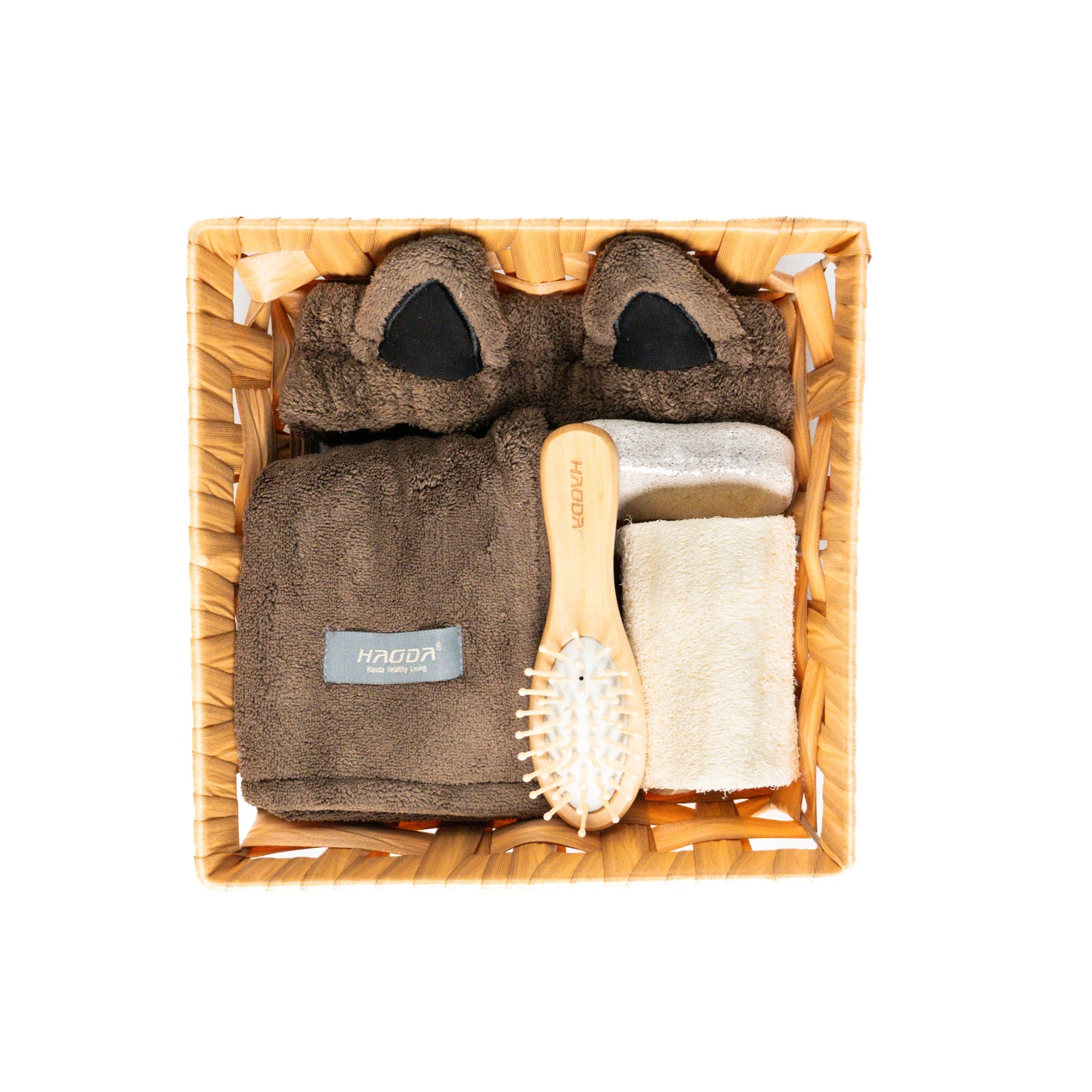 Top view of full mocha brown comfort combo set with pumice and brush.