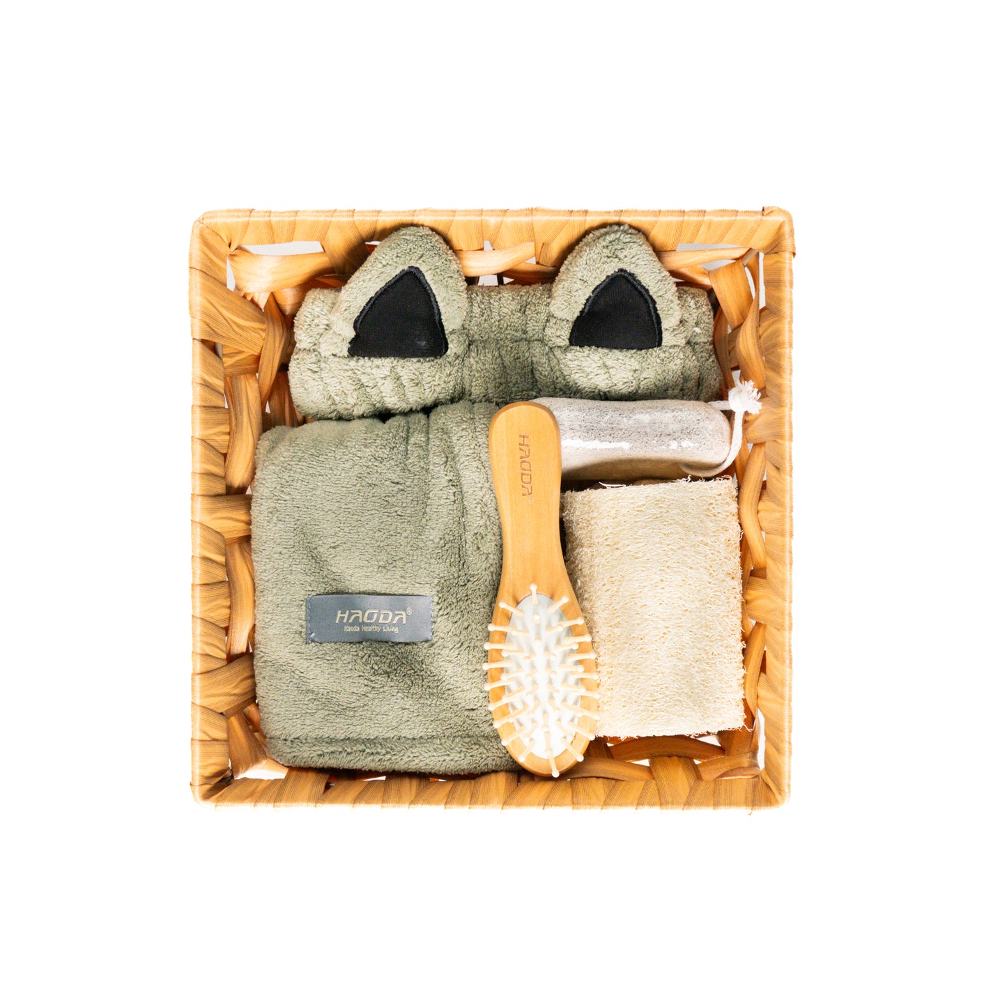 Flat layout of grey combo set with natural loofah and pumice