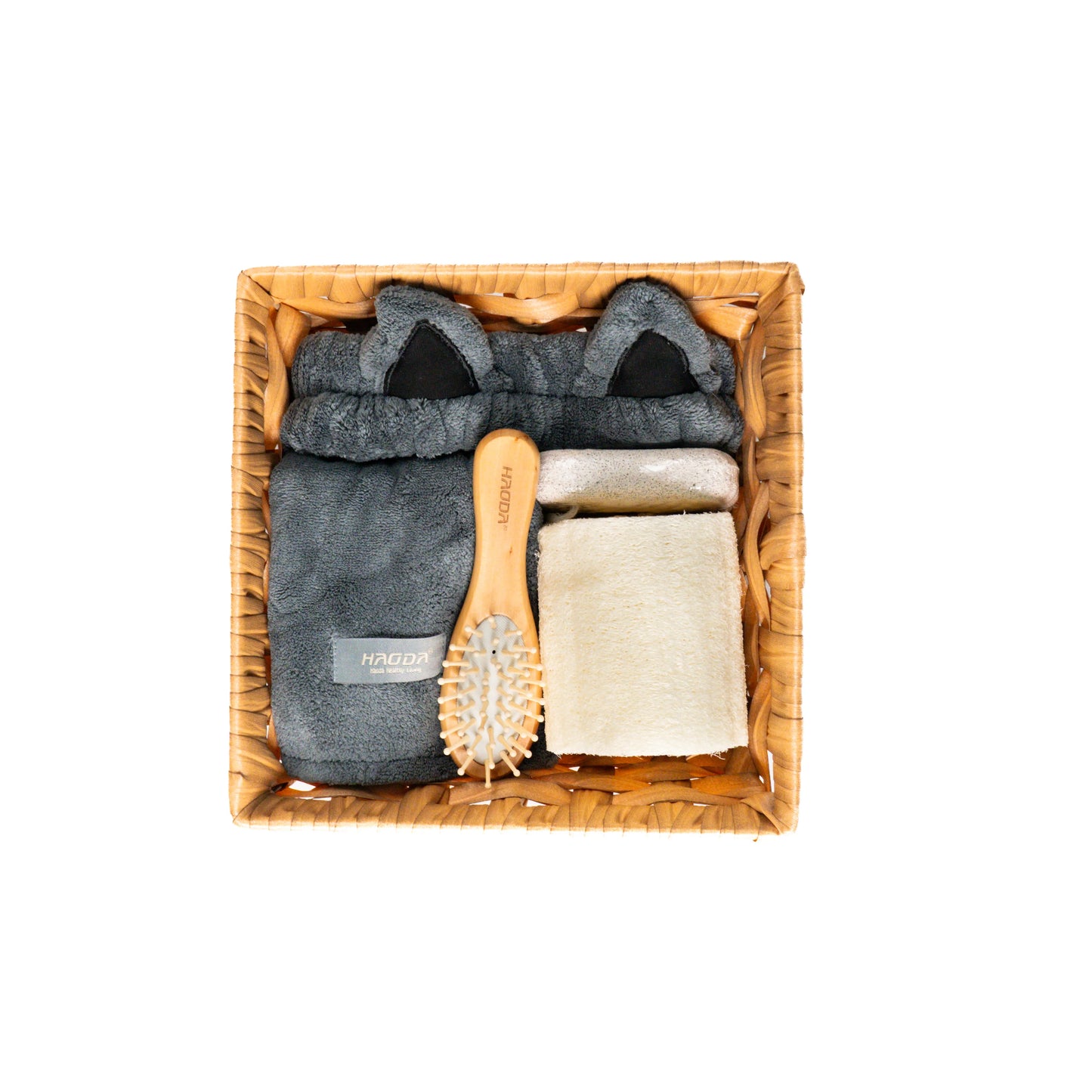 Flat layout of combo set with natural loofah and pumice
