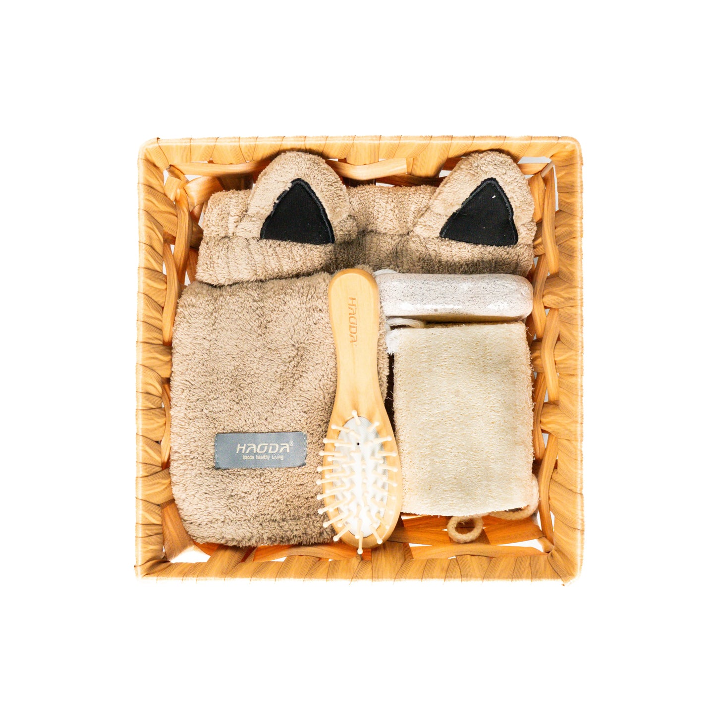 Flat layout of combo set with natural loofah and pumice