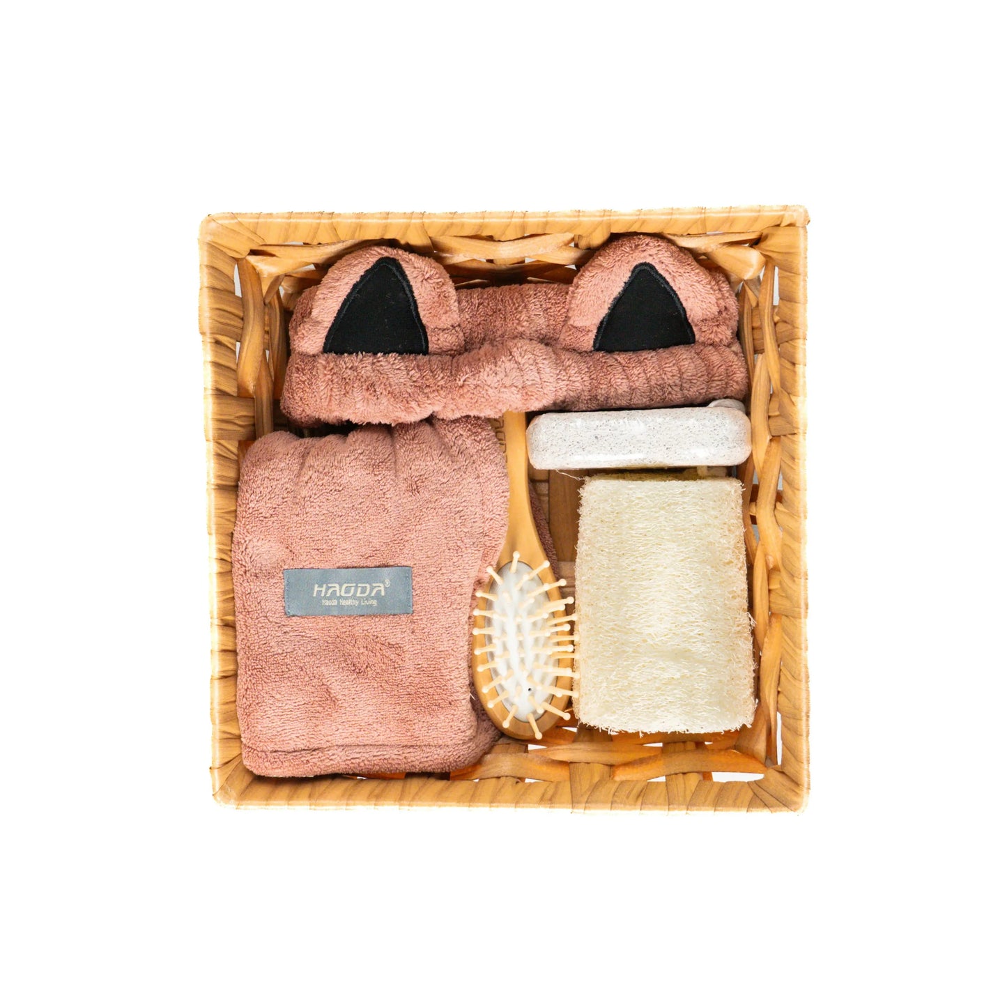 Pink cat ear shower kit displayed on a white background