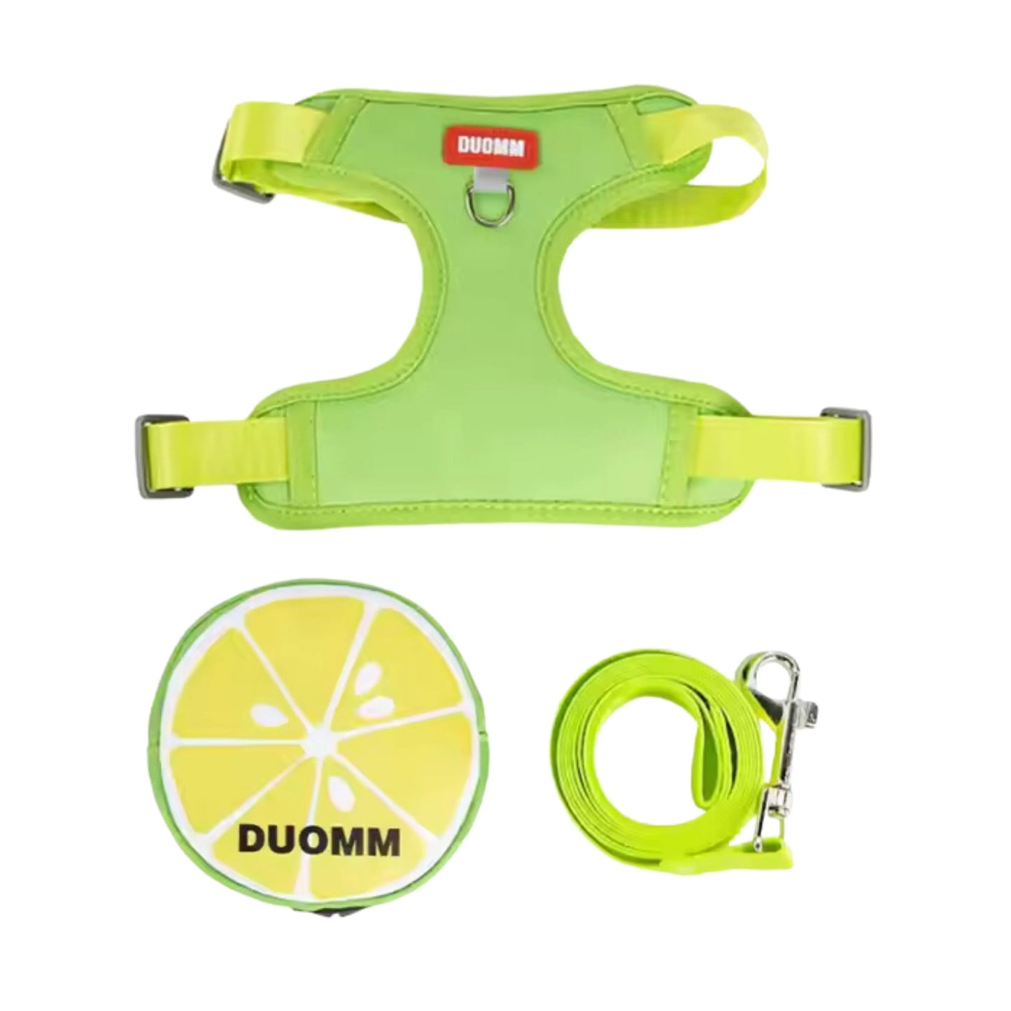 Matching lemon fruit leash and harness with treat pouch