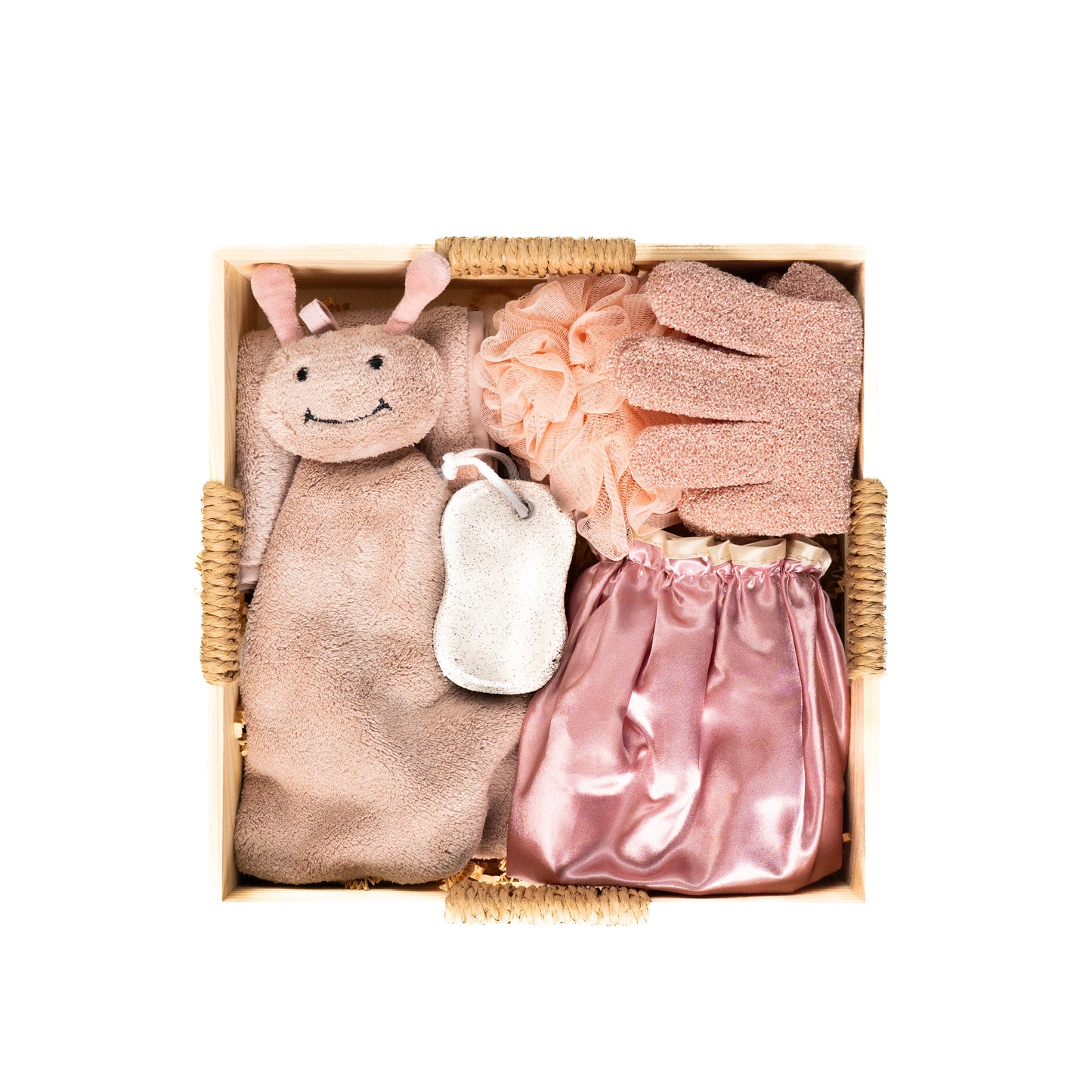 Luxe Bloom Hand Glove Bath Combo in peach with matching gloves and spa essentials