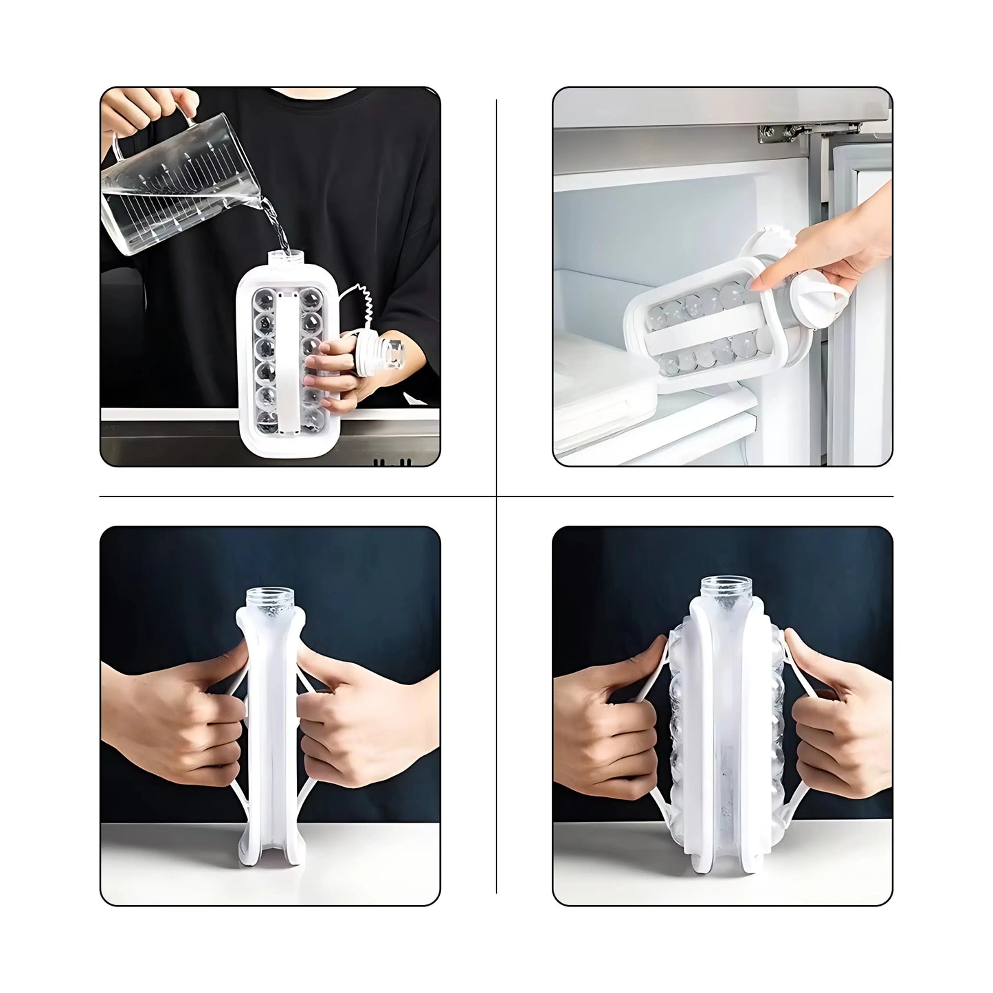 Clear BPA-free plastic water bottle that doubles as an ice cube maker with fun ball shapes