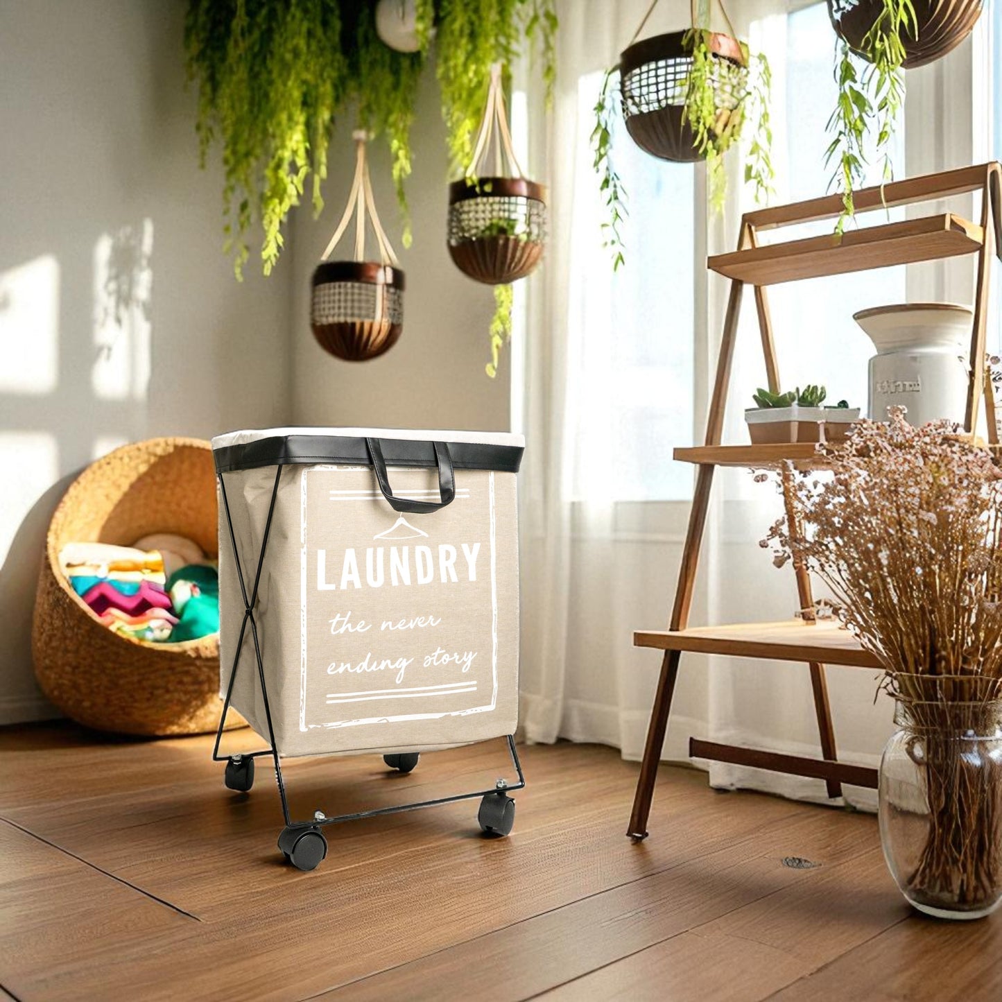 laundry basket on wheels placed on balcony