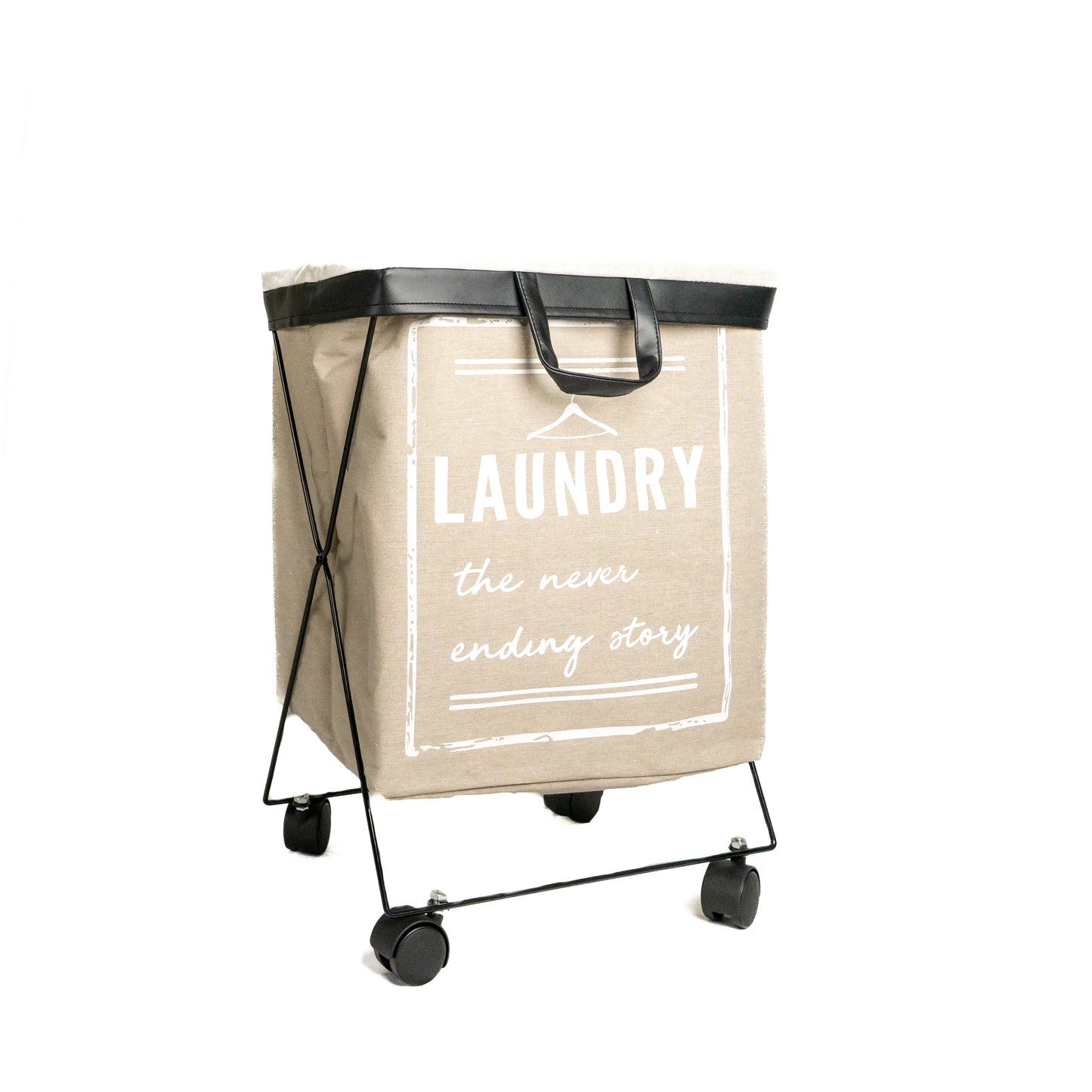light grey laundry basket on wheels with white background