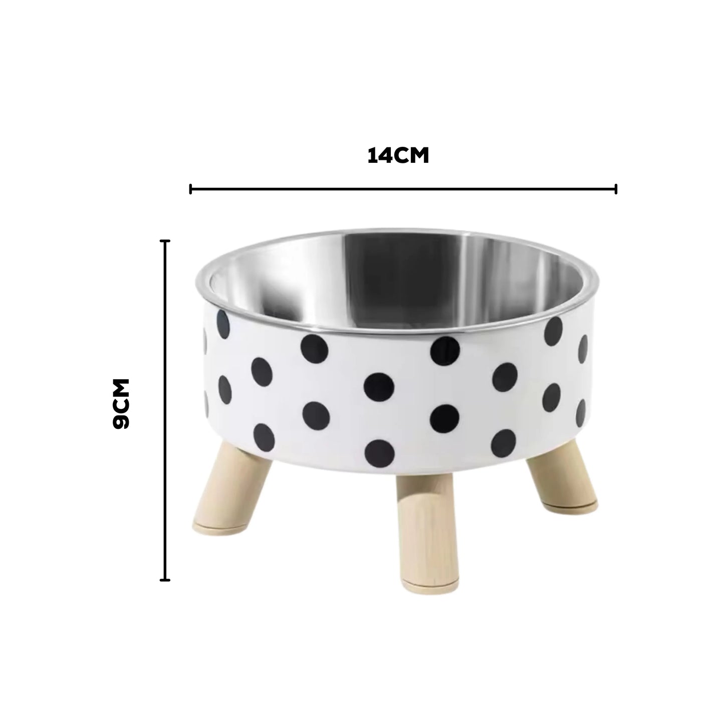 Anti-choke pet bowl with black polka dots print on white background with measurements