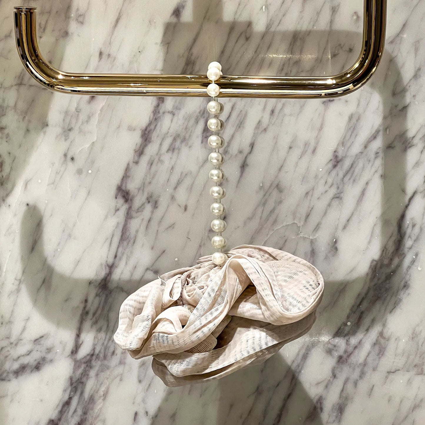 Foam Ease loofah body cleaner displayed flat with attached hanging loop