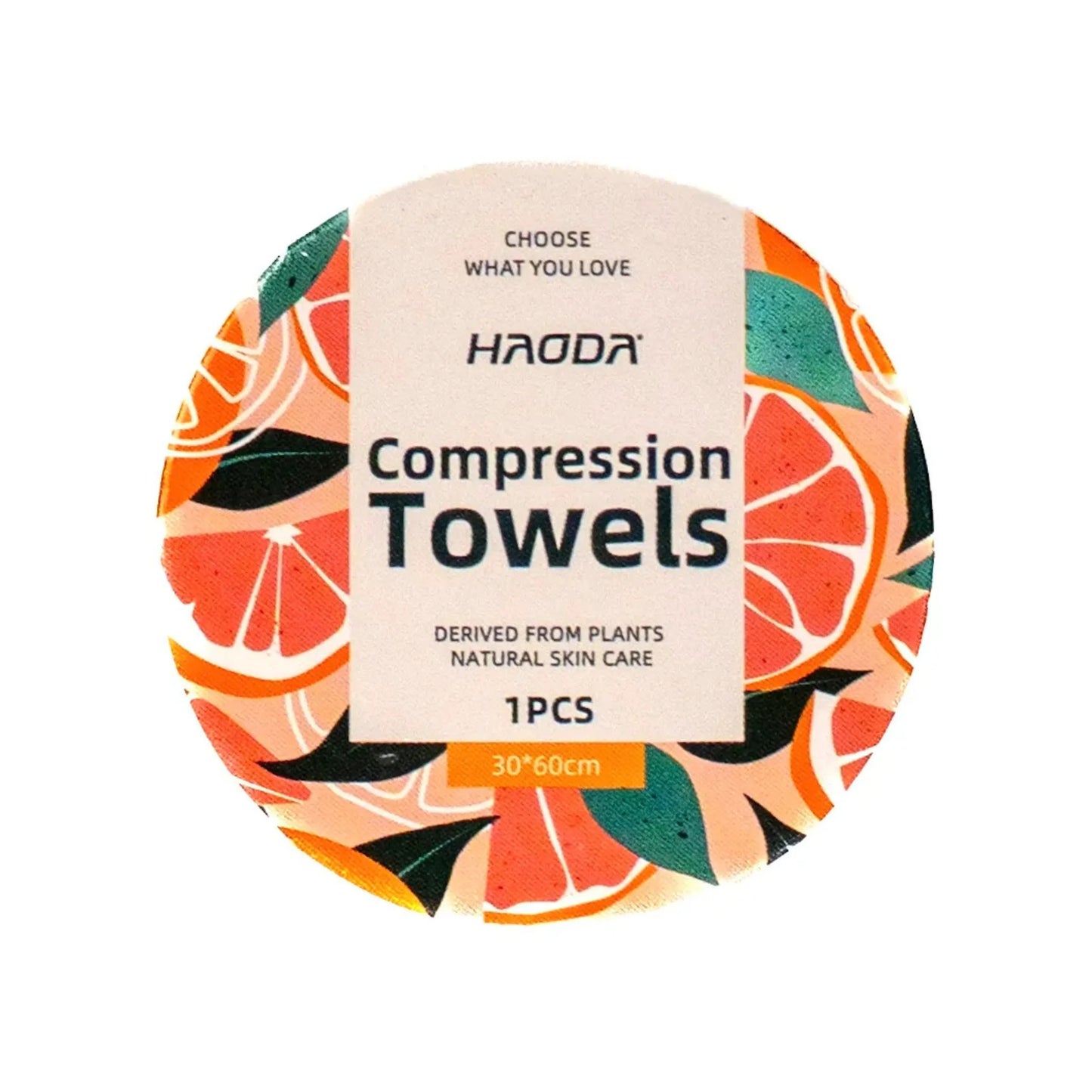 Packed plant based compression towel displayed on a white background
