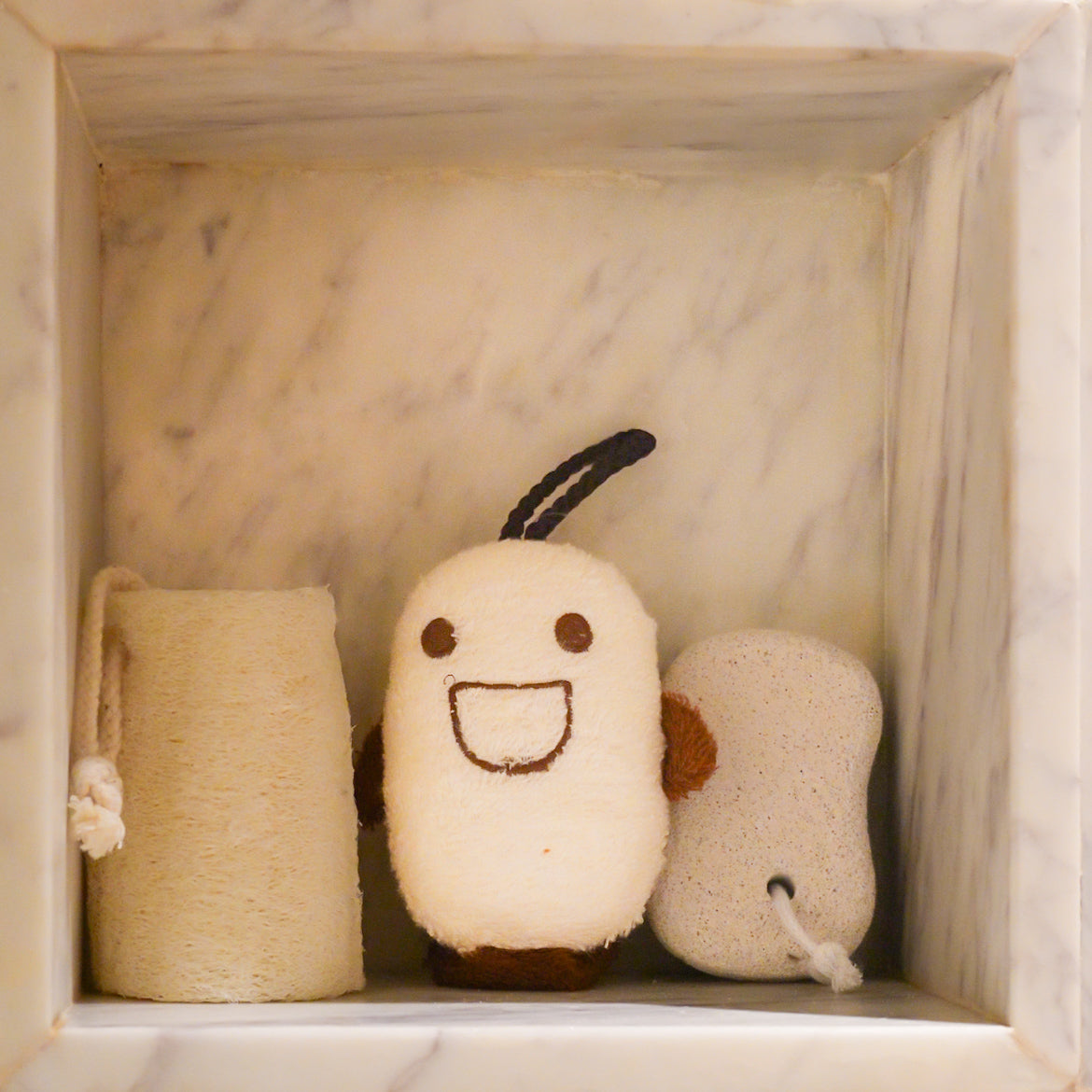 Loofah body cleaner from Foam Ease styled with minimal spa accessories