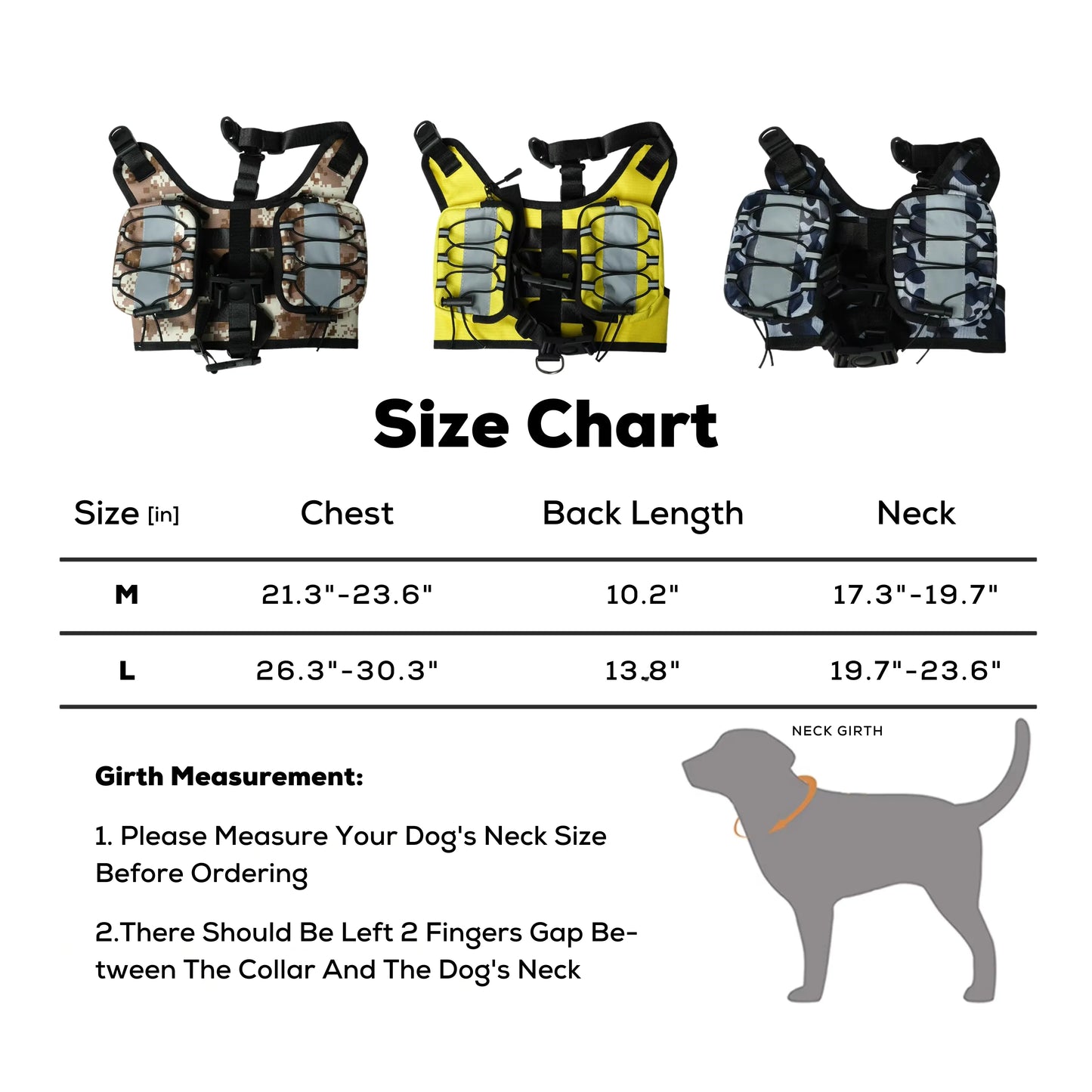 Camouflage Dog Harness with sizes and measurements
