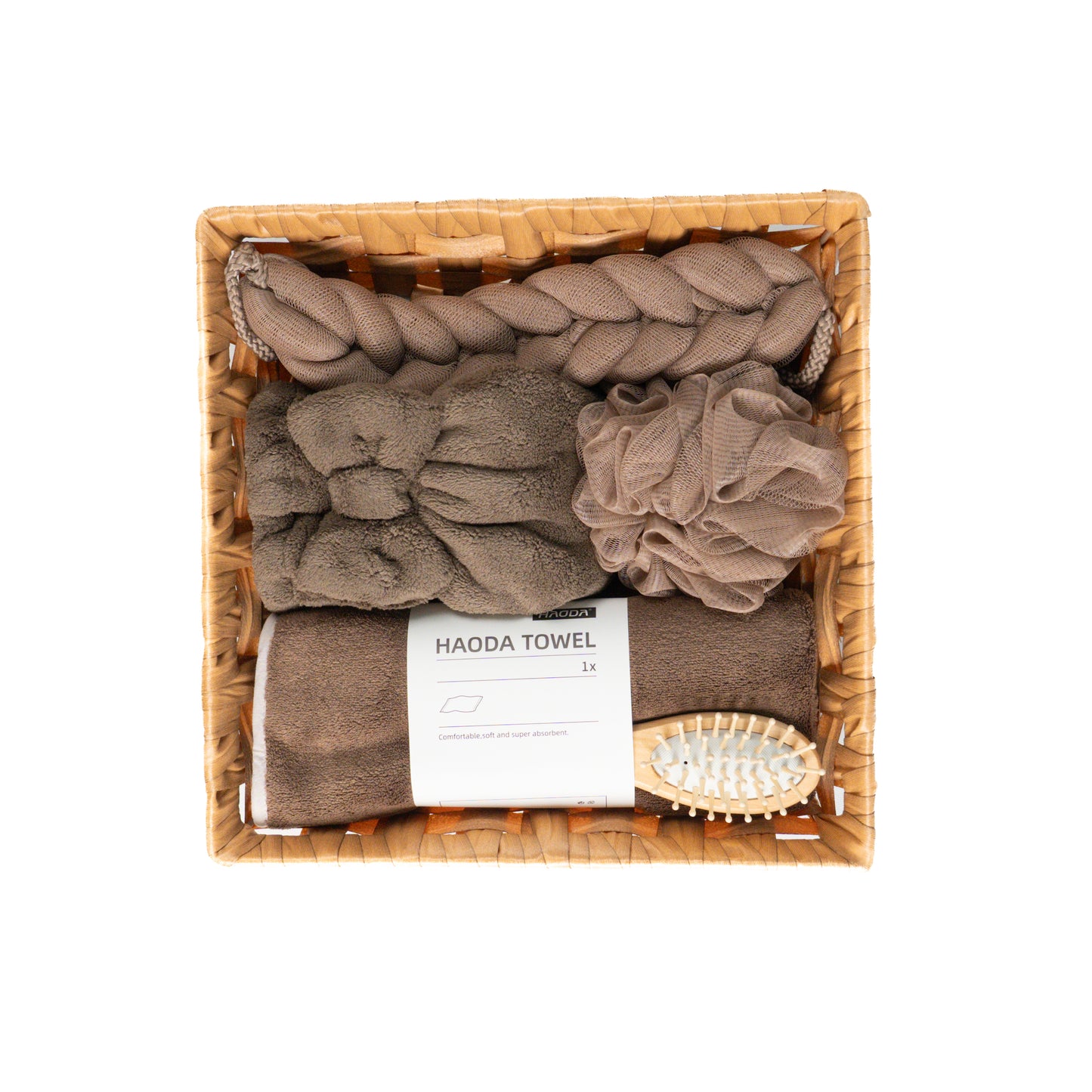 Brown bath accessory kit showing soft microfiber towel, bow head wrap, and plant-based sponge
