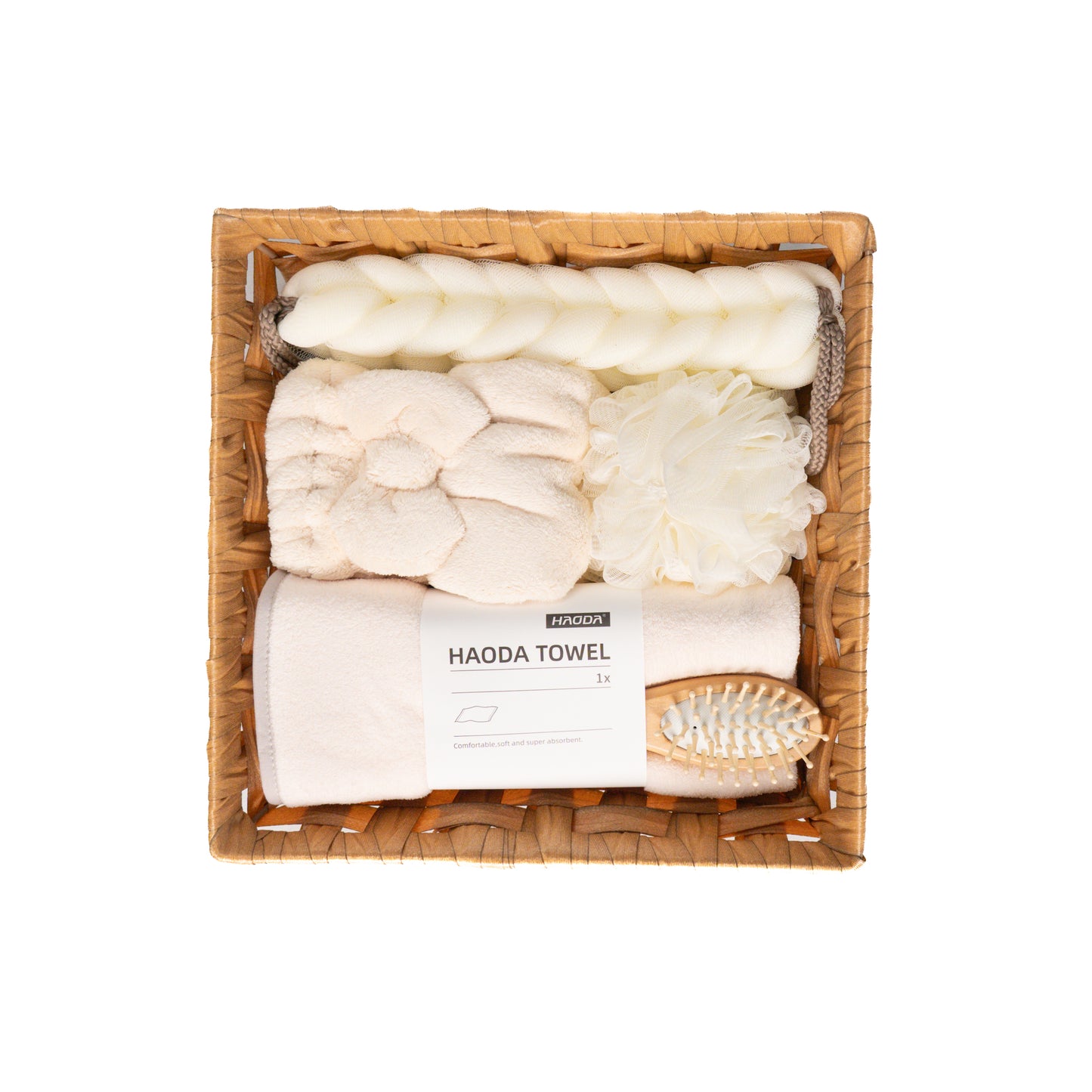 Elegant beige Soothe Luxe shower combo kit with soft towel and natural fiber brush ensemble
