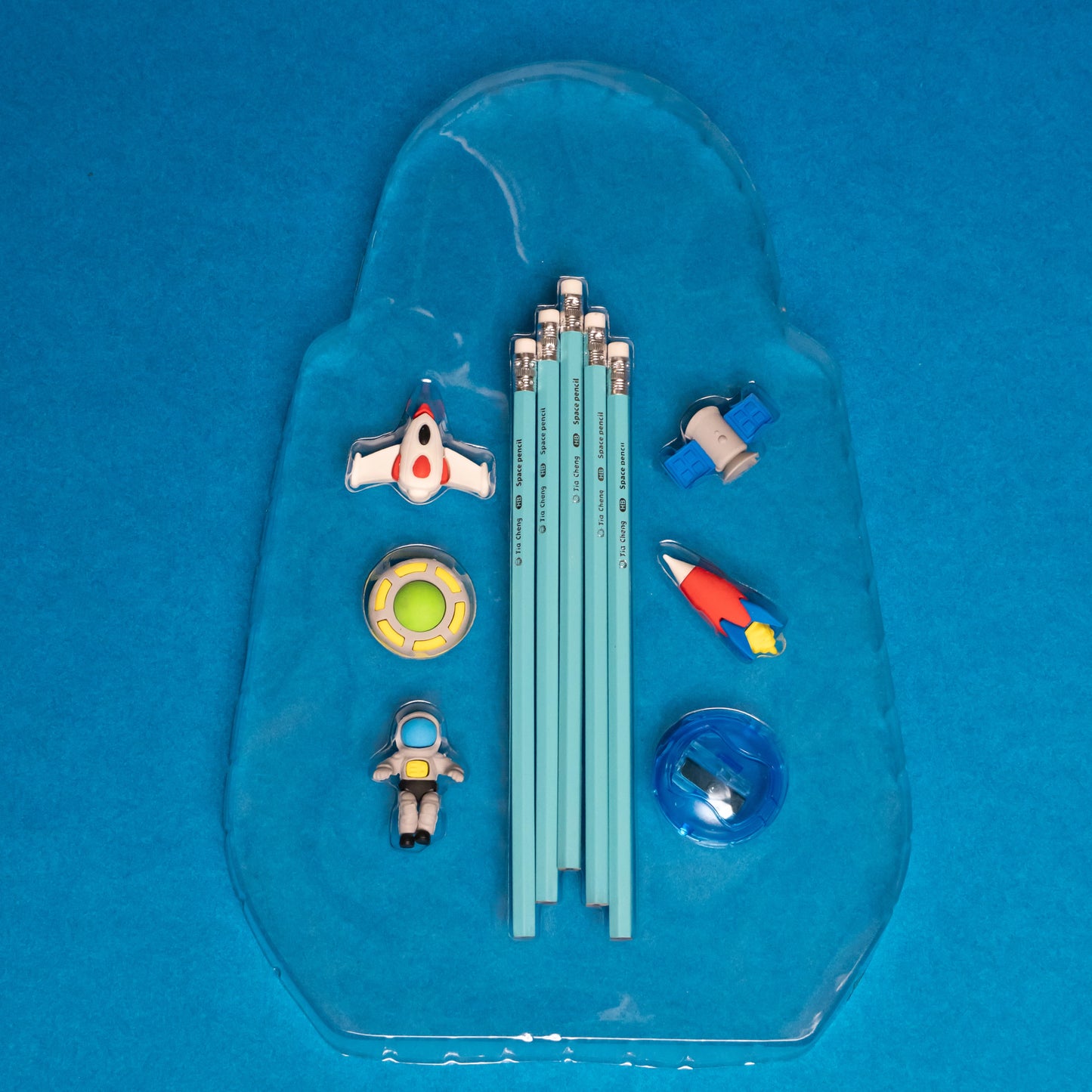 Neon Blue Kids Pencil Set with Rubber, Sharpener, and Case – Space Explorer