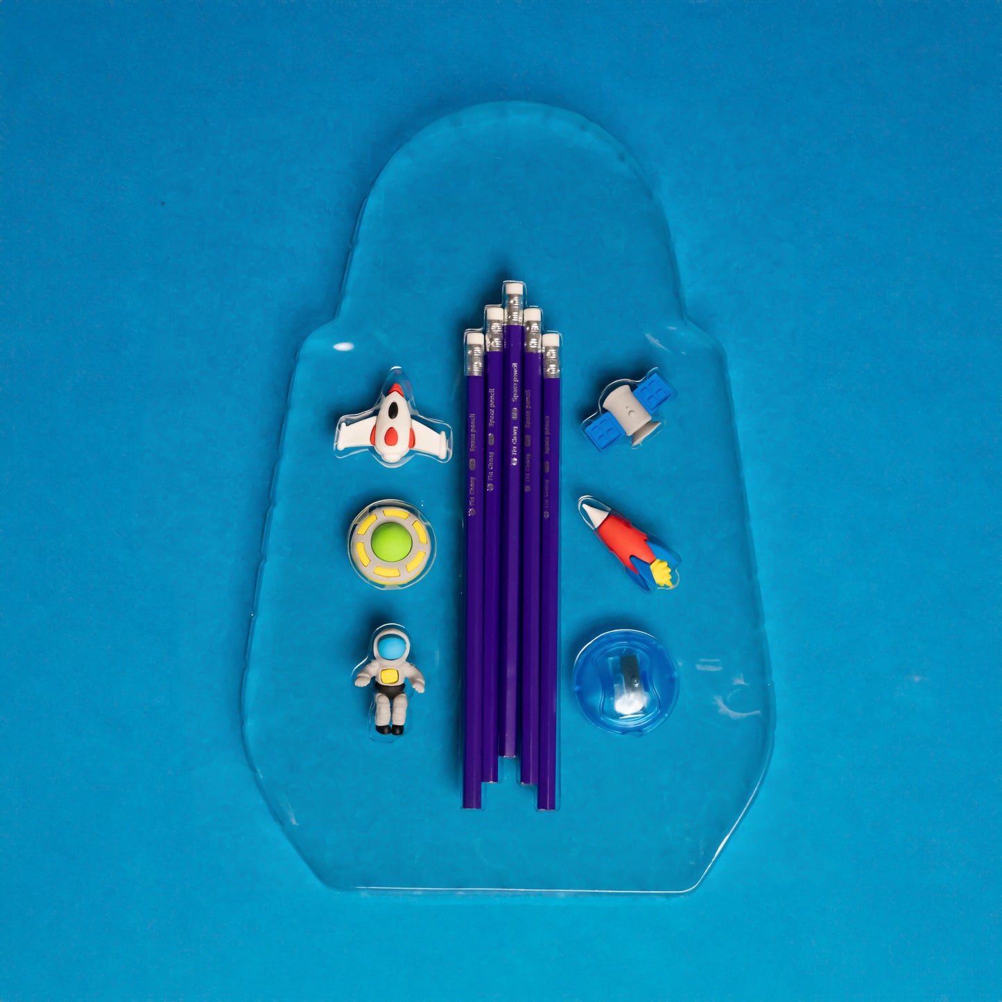 Neon Blue Pencil Set with Eraser and Sharpener – Space Theme Box for Kids