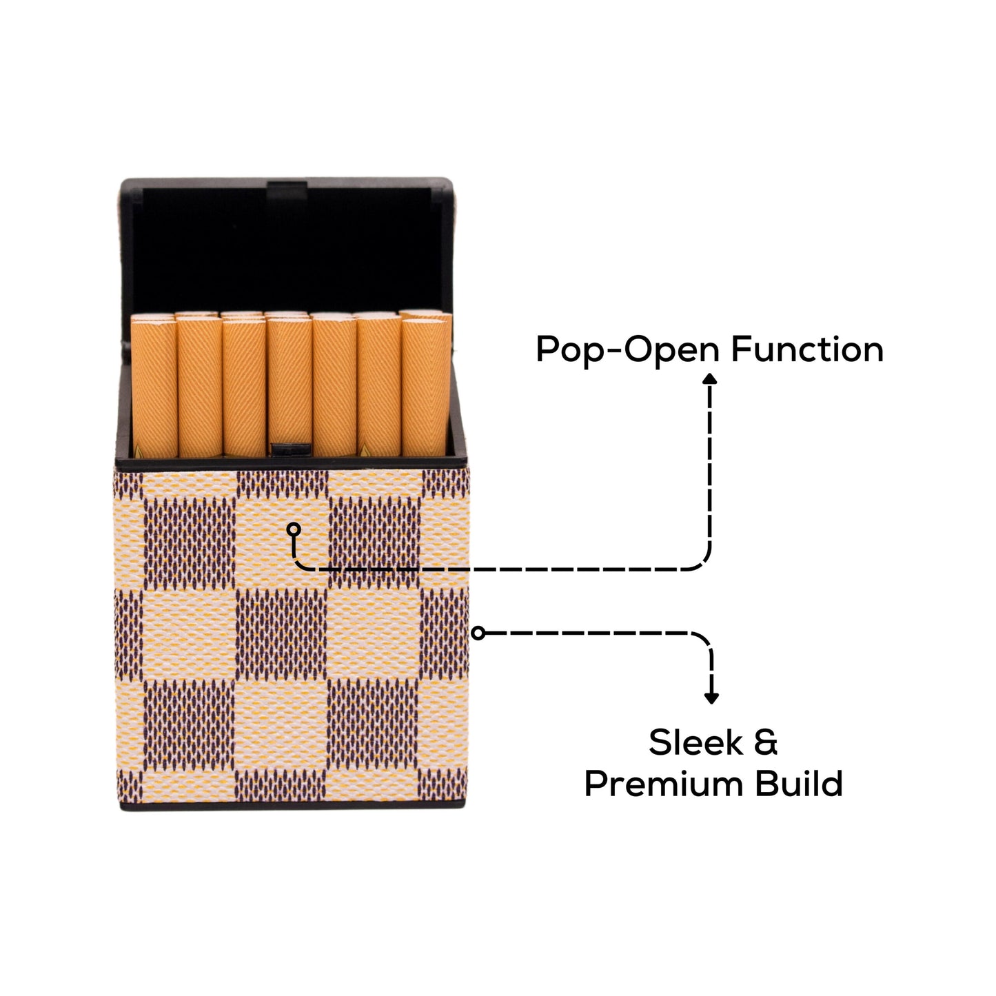 Checkered cigarette case in beige and brown with pop-open lid
