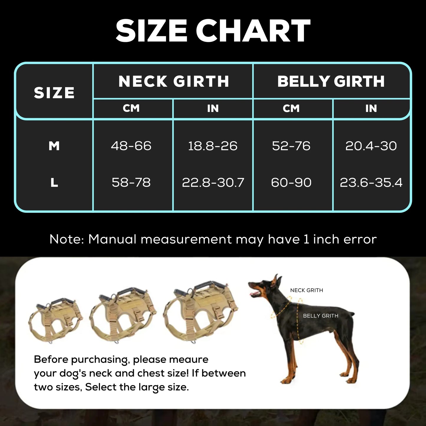 Tactical dog harness for medium to large dogs measurements