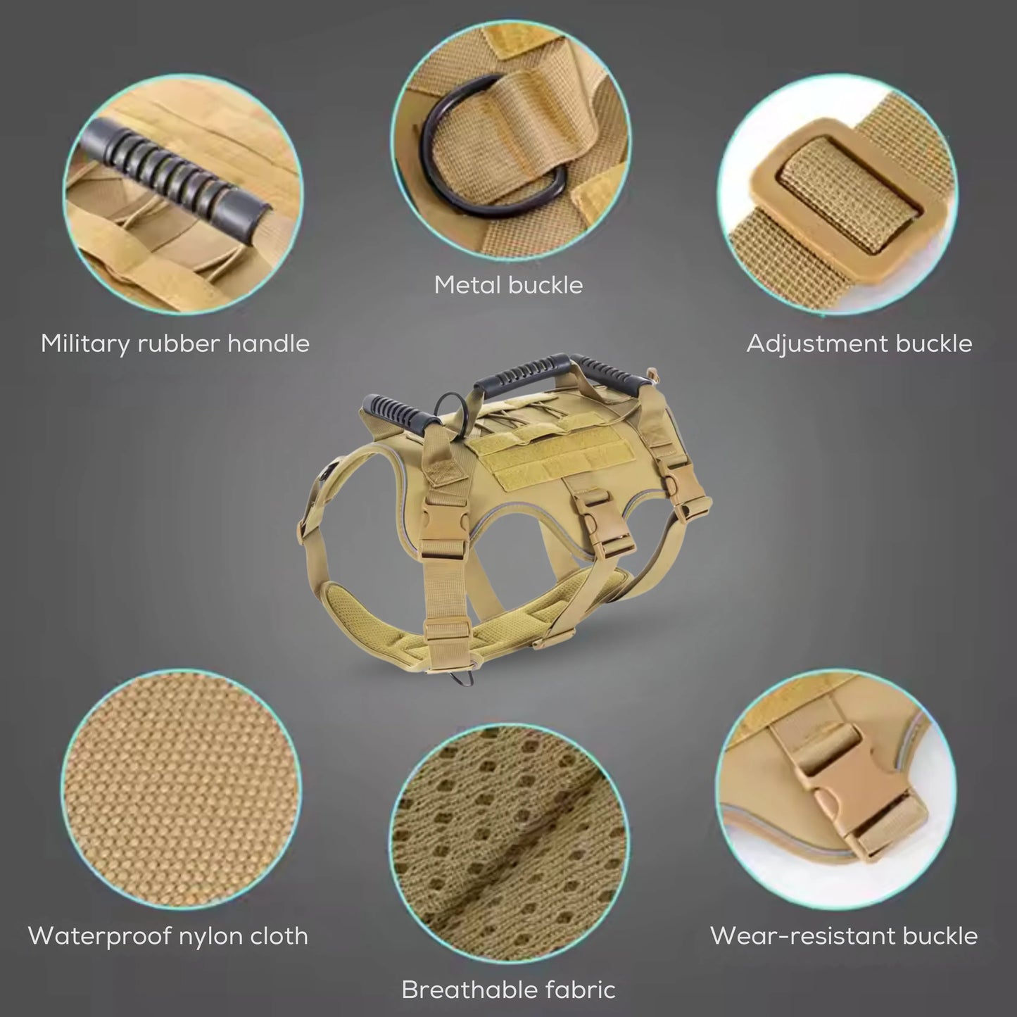Dog harness with various features
