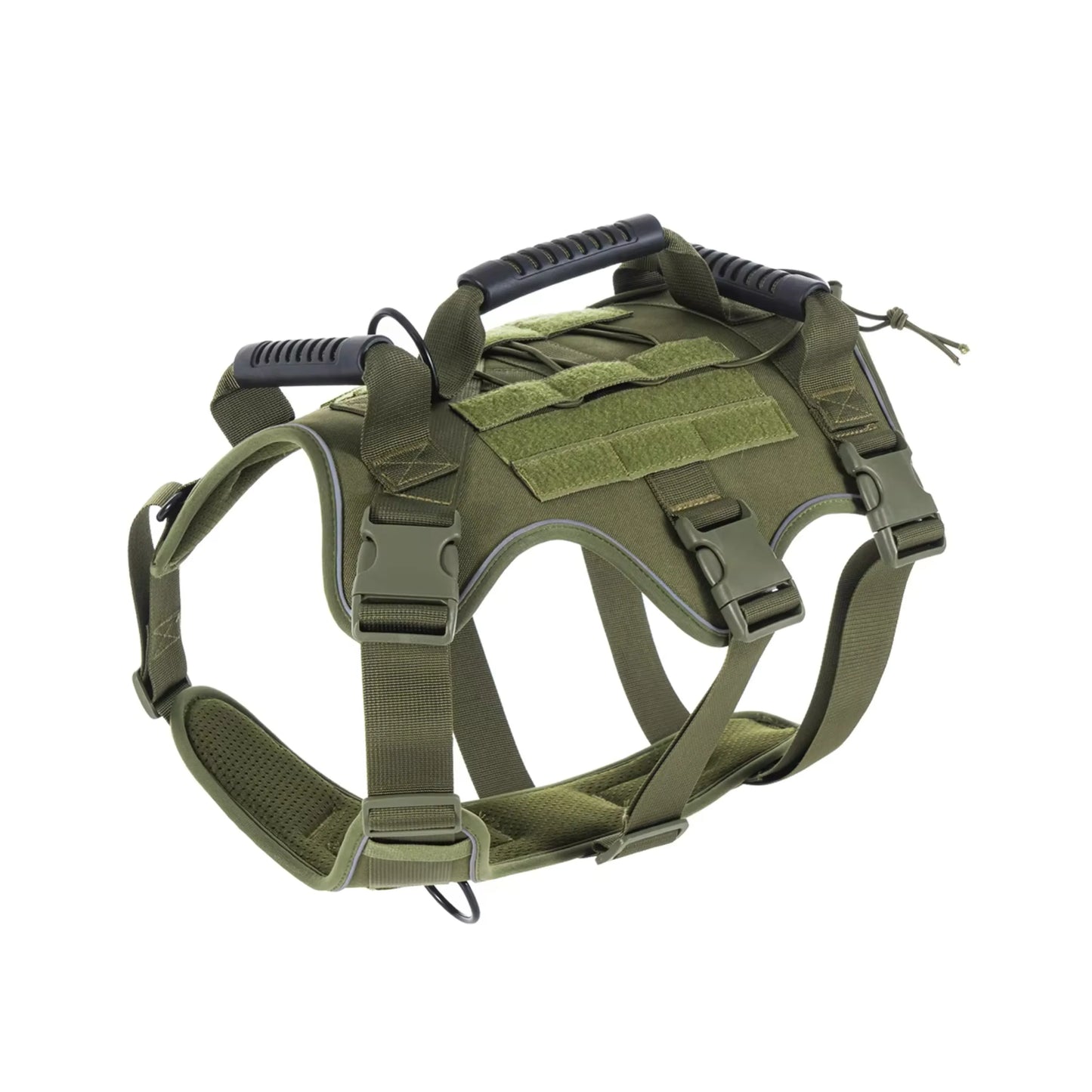 Close-up on tactical desert yellow green harness with MOLLE system