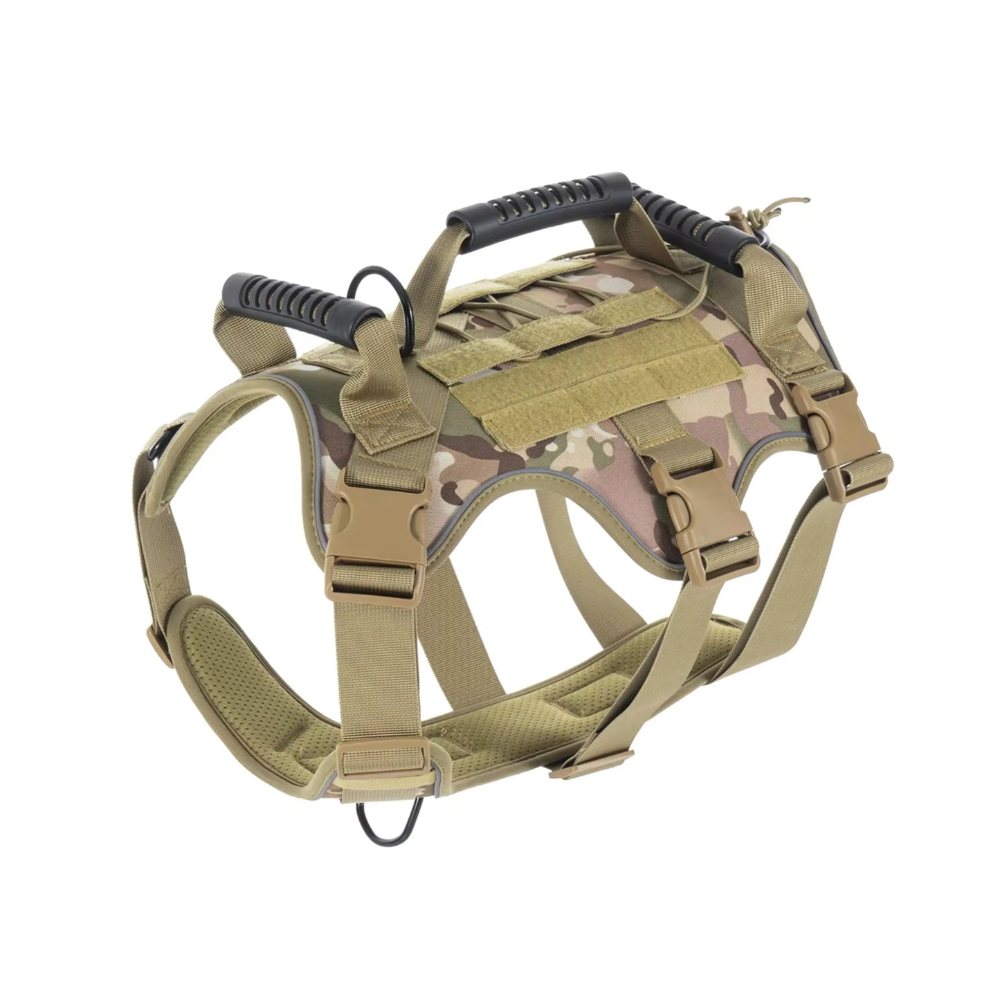 Close-up on tactical desert camouflage harness with MOLLE system