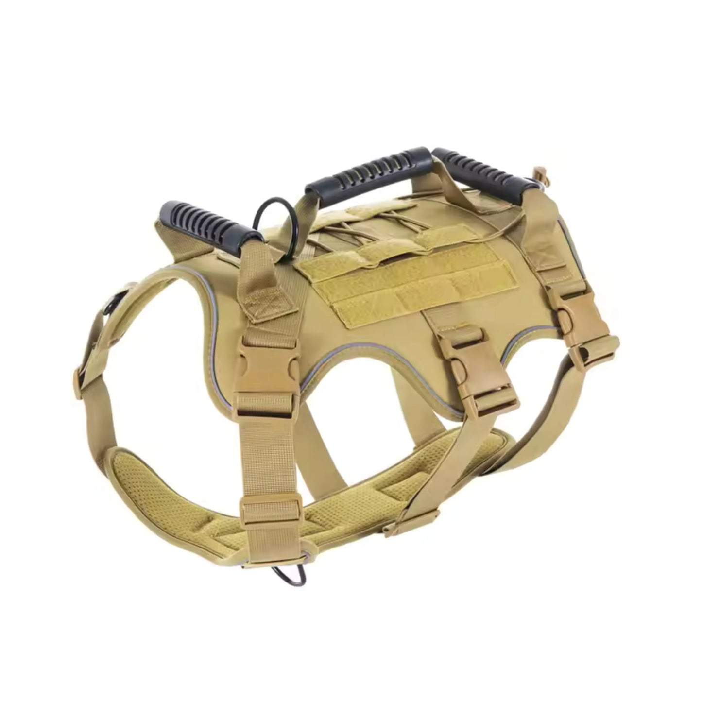 Close-up on tactical desert yellow harness with MOLLE system