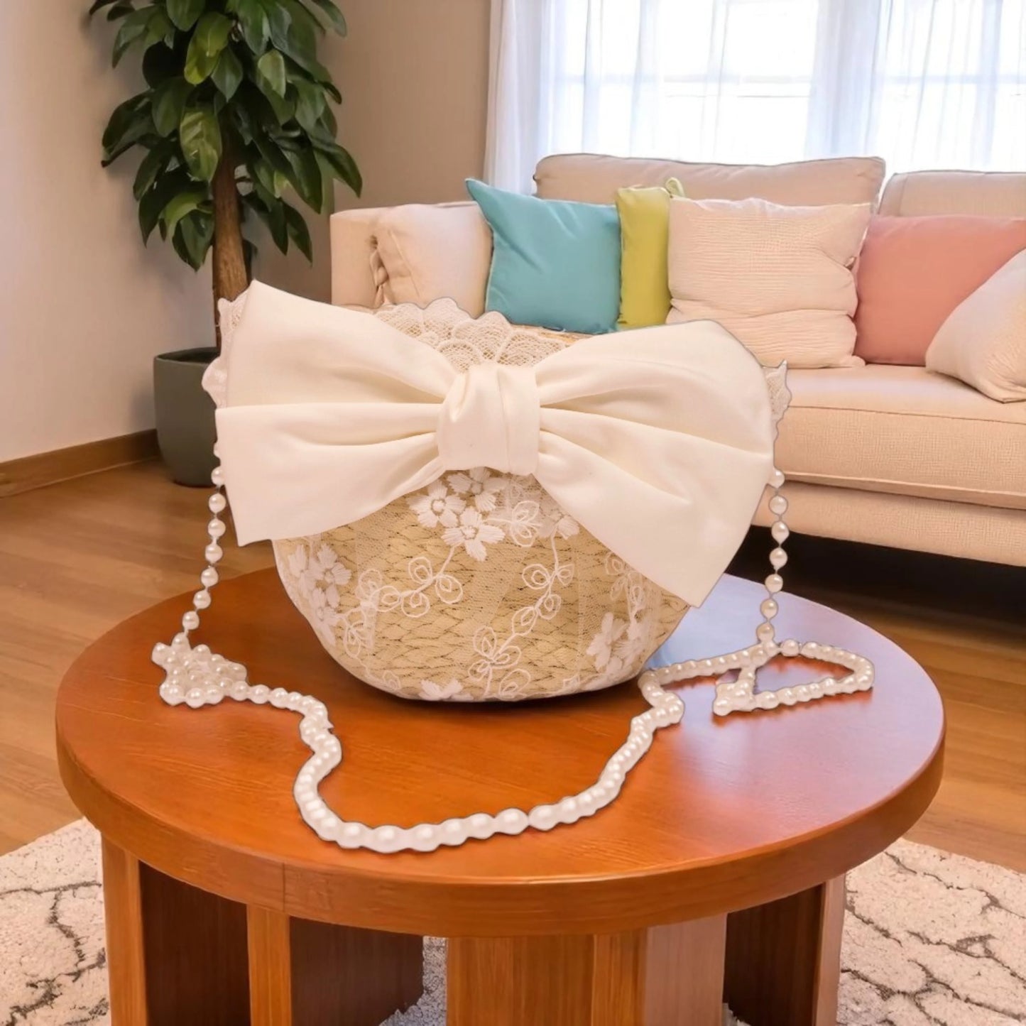 Pearl Sling Bag placed on the wooden stool