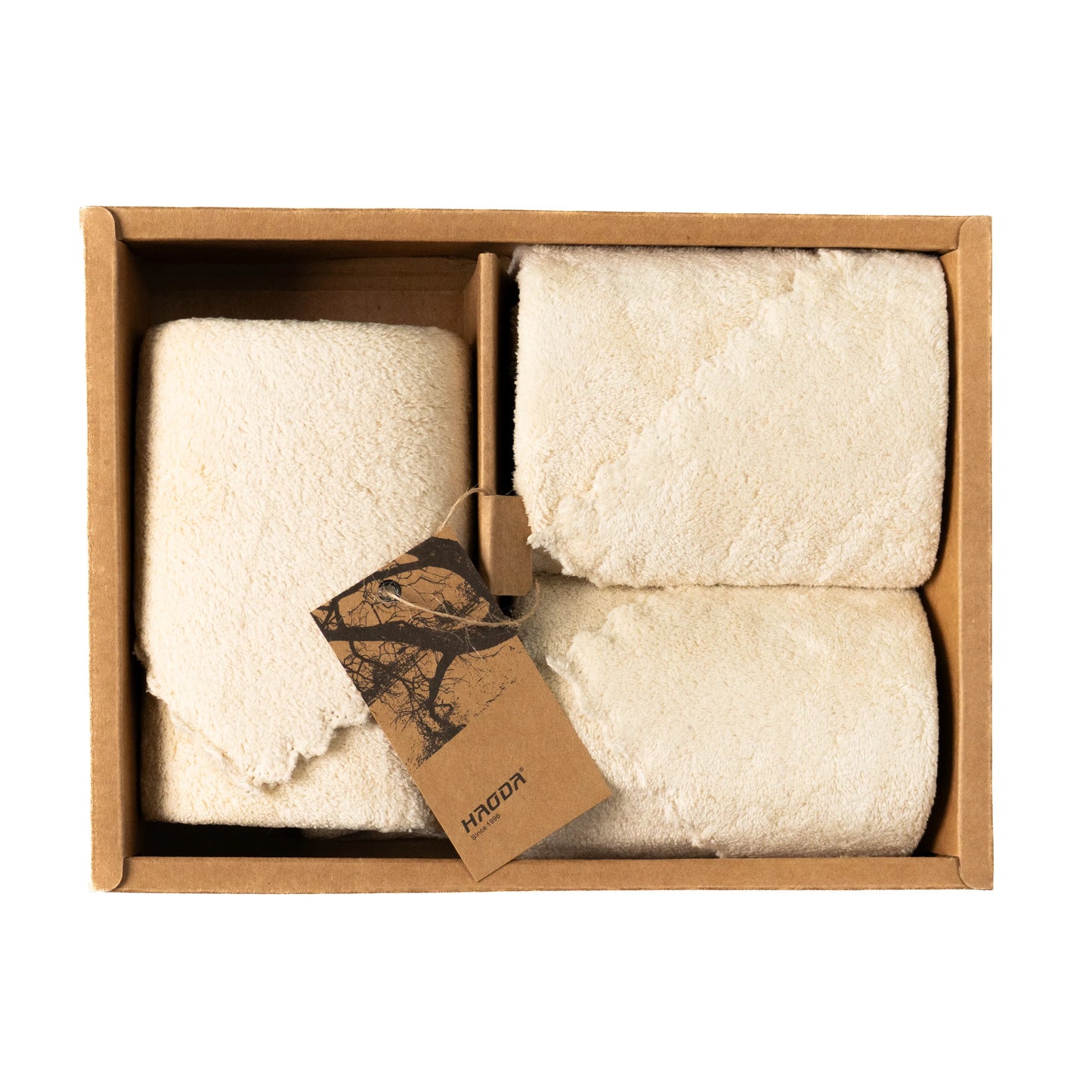 Light cream Loom Touch towels displayed