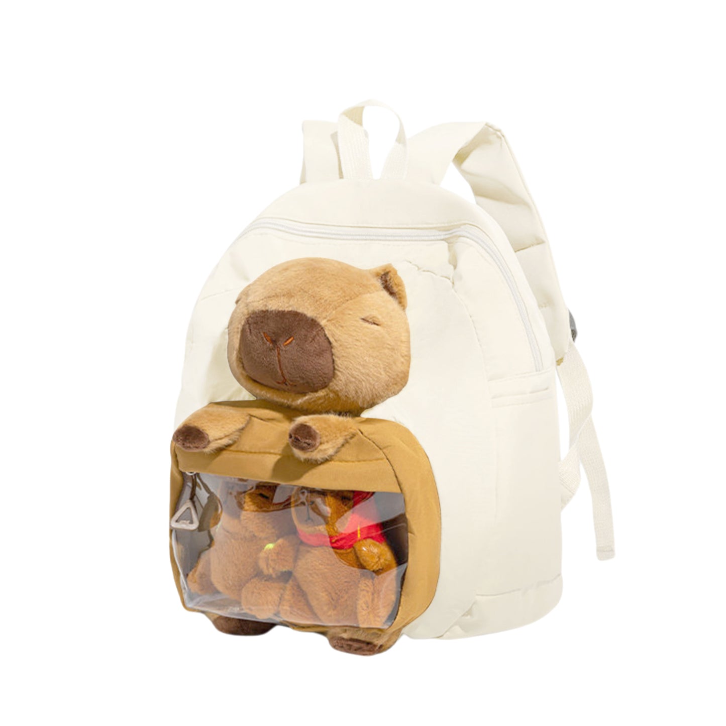 Front view showing accessories inside of white Cuddly Buddy Backpack