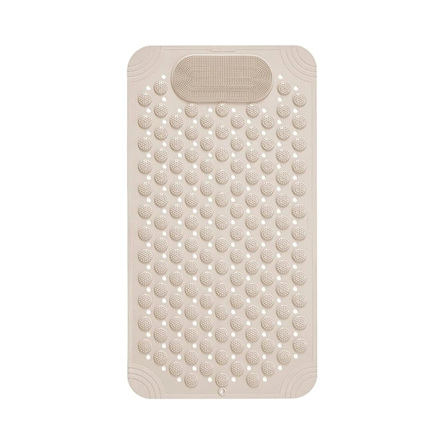 Top view of a beige anti-slip bathroom mat featuring dense suction cups.