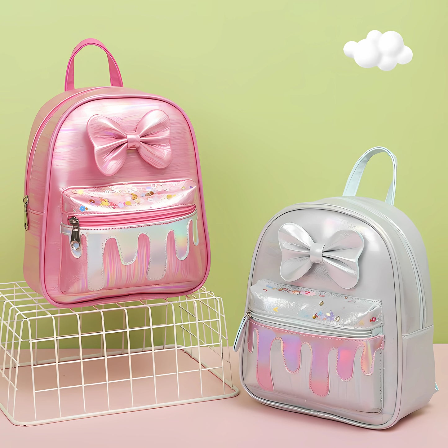 Stylish white school bag for kids featuring a glittery bow and drip effect