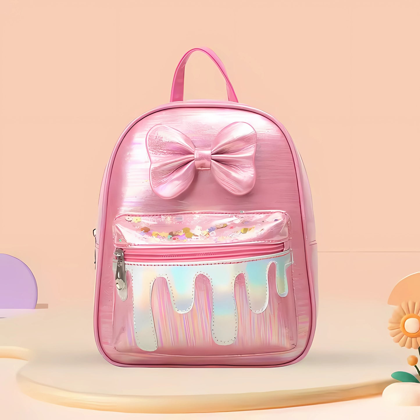 Fun and Pink glitter school bag for girls on desk