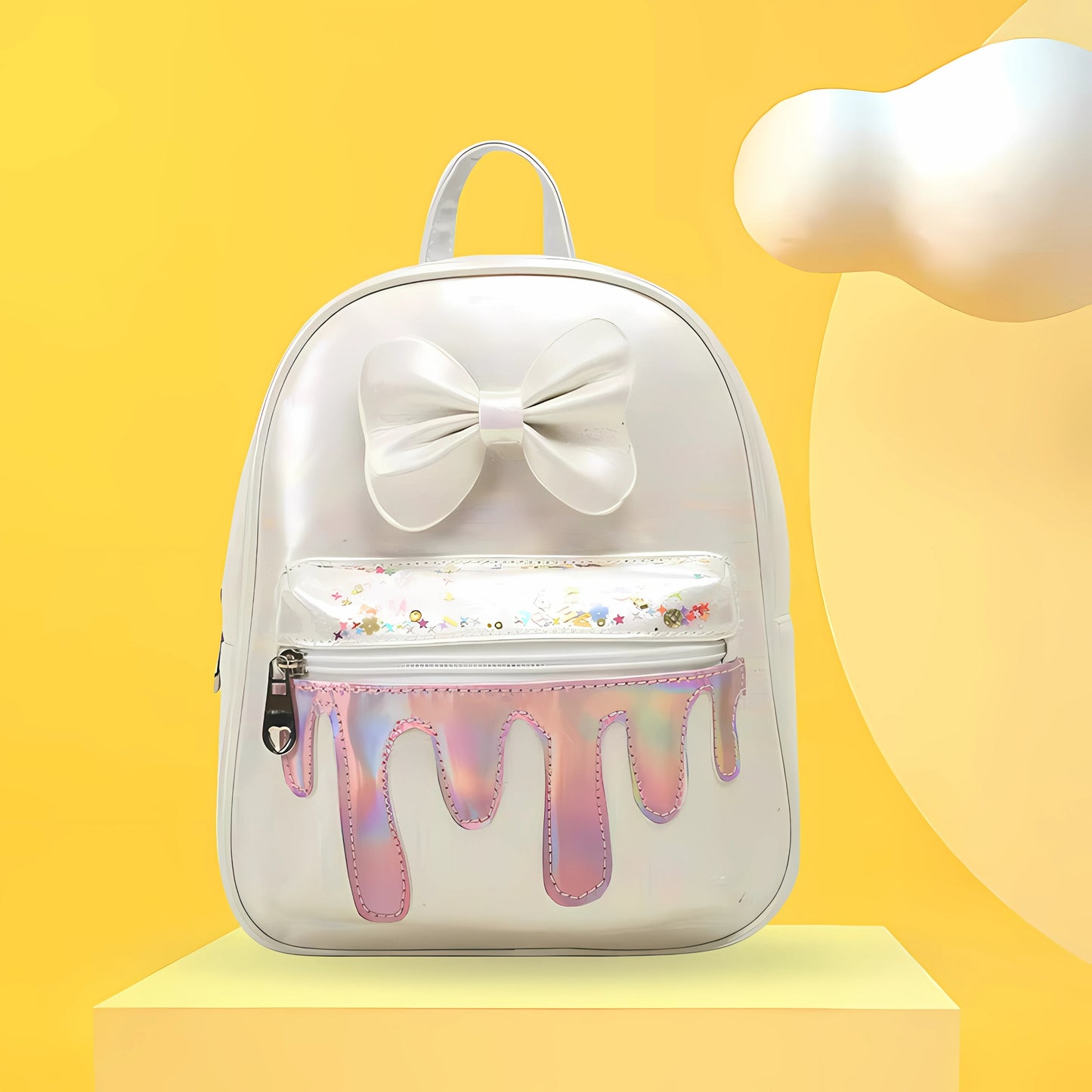 Stylish white school bag for kids featuring a glittery bow and drip effect