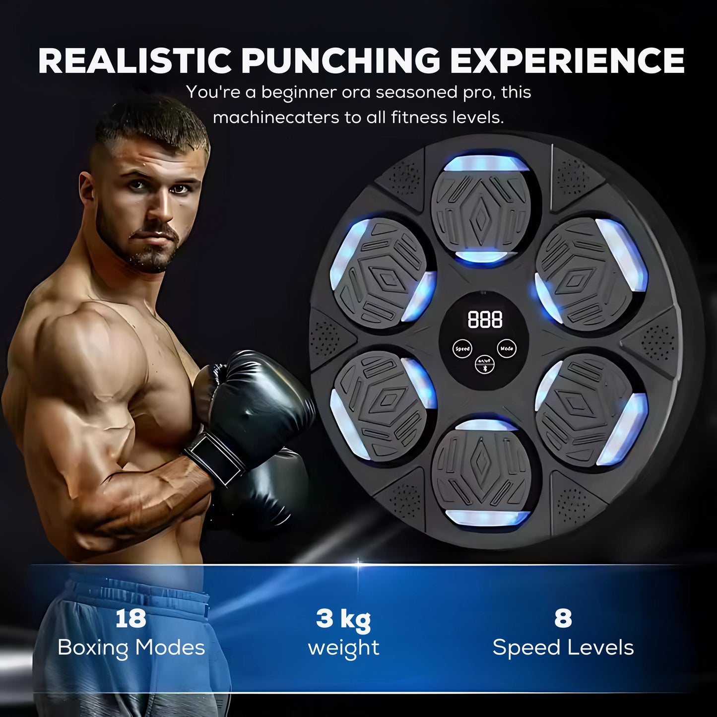 Boxer next to boxing trainer with LED lights and digital display.