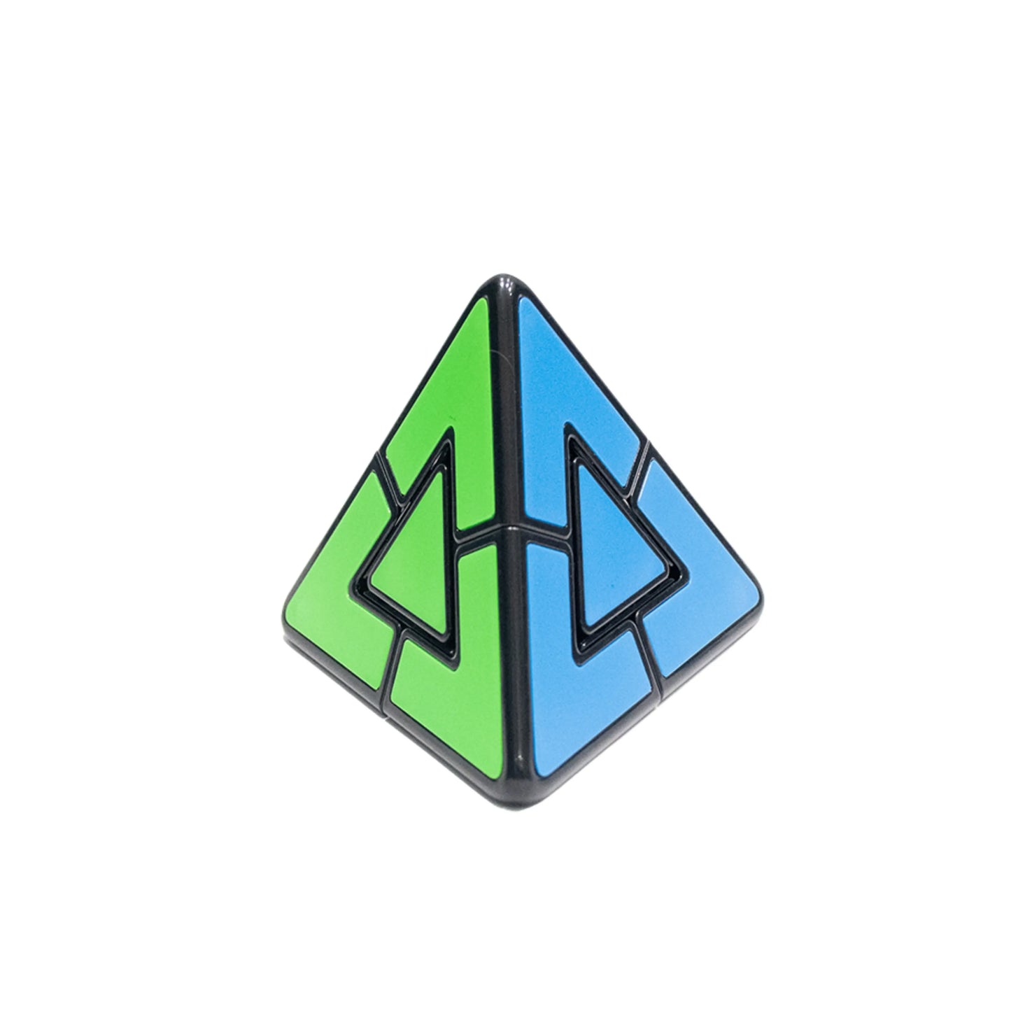 3D triangular pyramid puzzle with colorful pieces on a white background