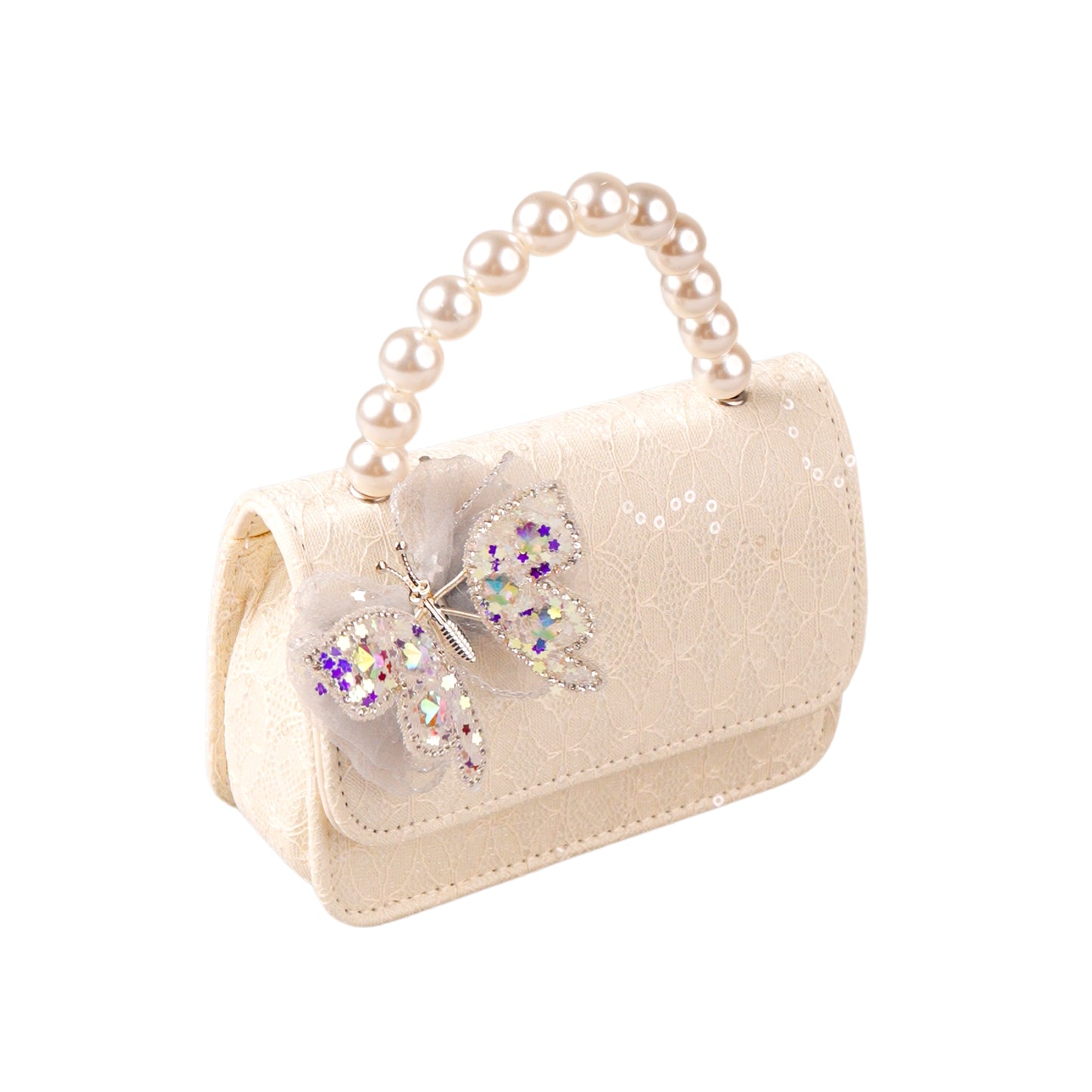 White butterfly mini bag with pearl handle for girls