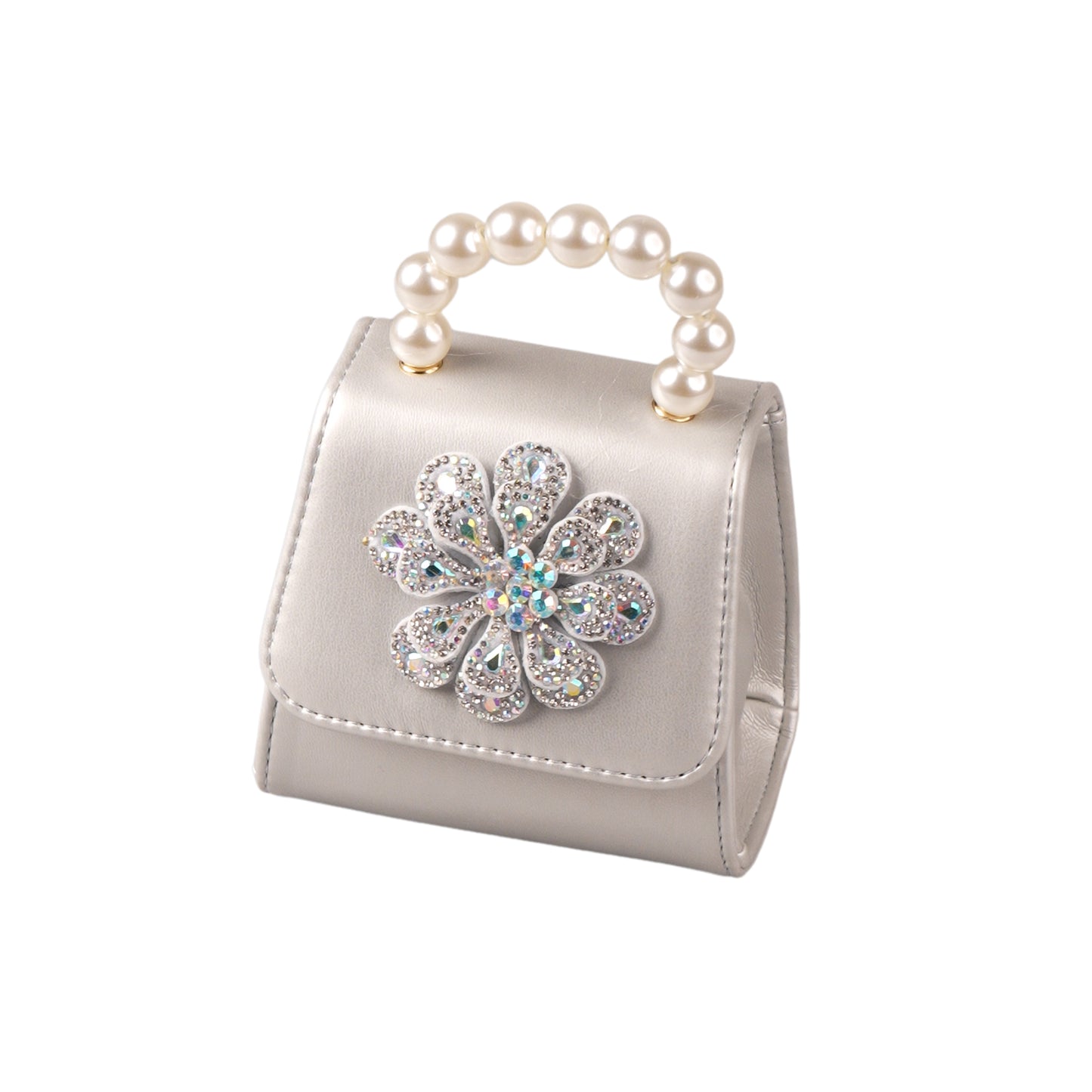 Gold mini girls bag with crystal flower and pearl detail
